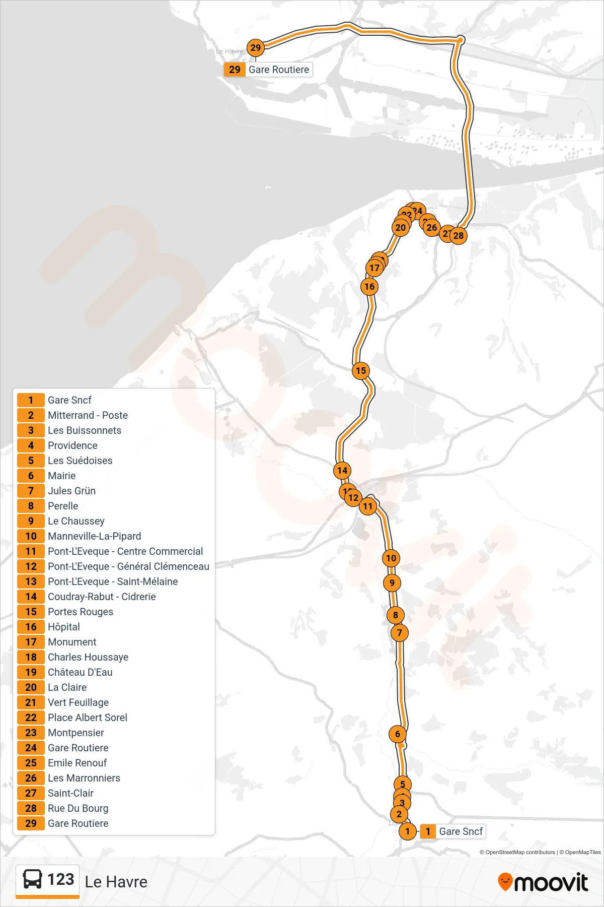 123 bus Line (Le Havre) route and stops on a map
