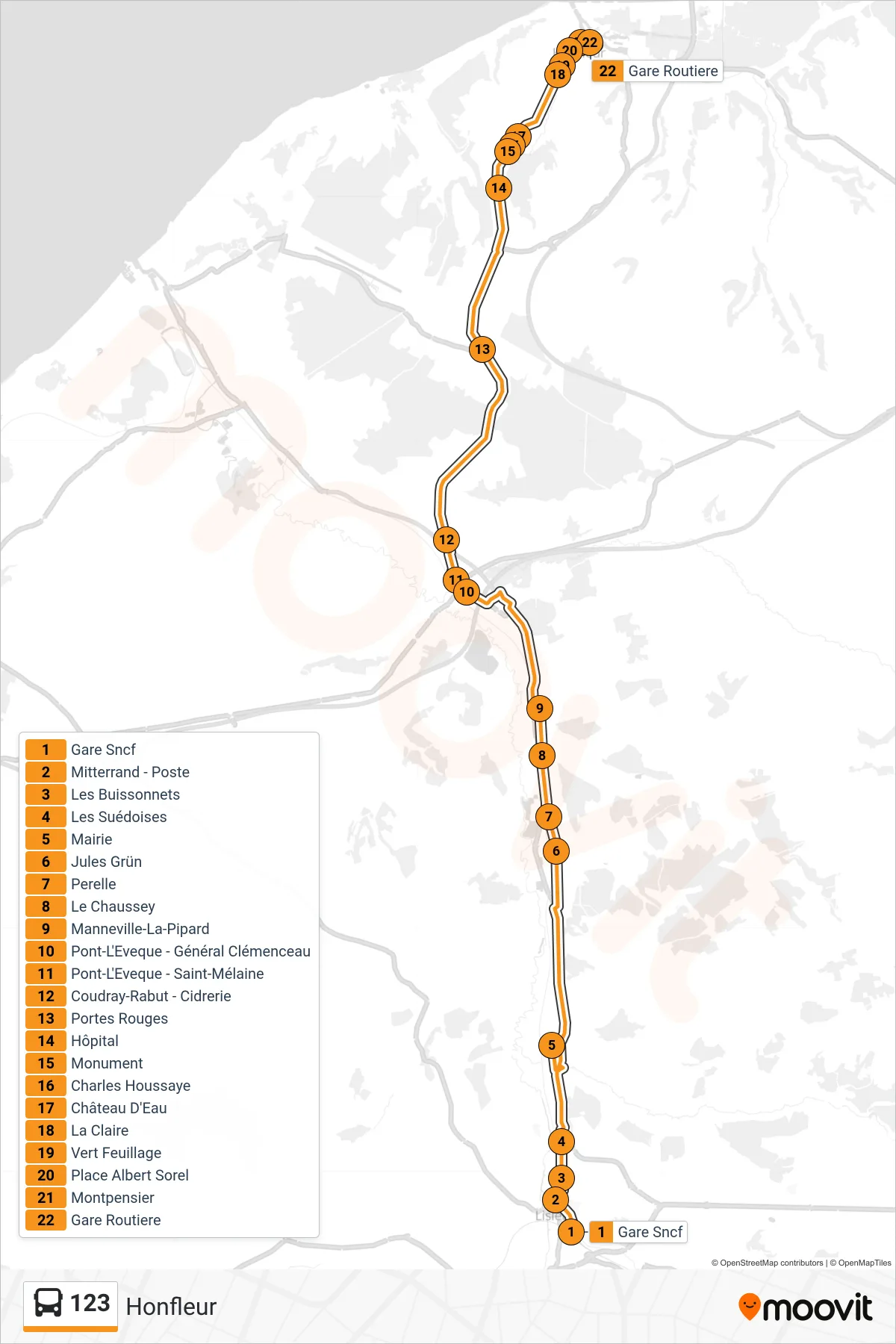 Tracé et arrêts de la ligne 123 de bus (Honfleur) sur une carte