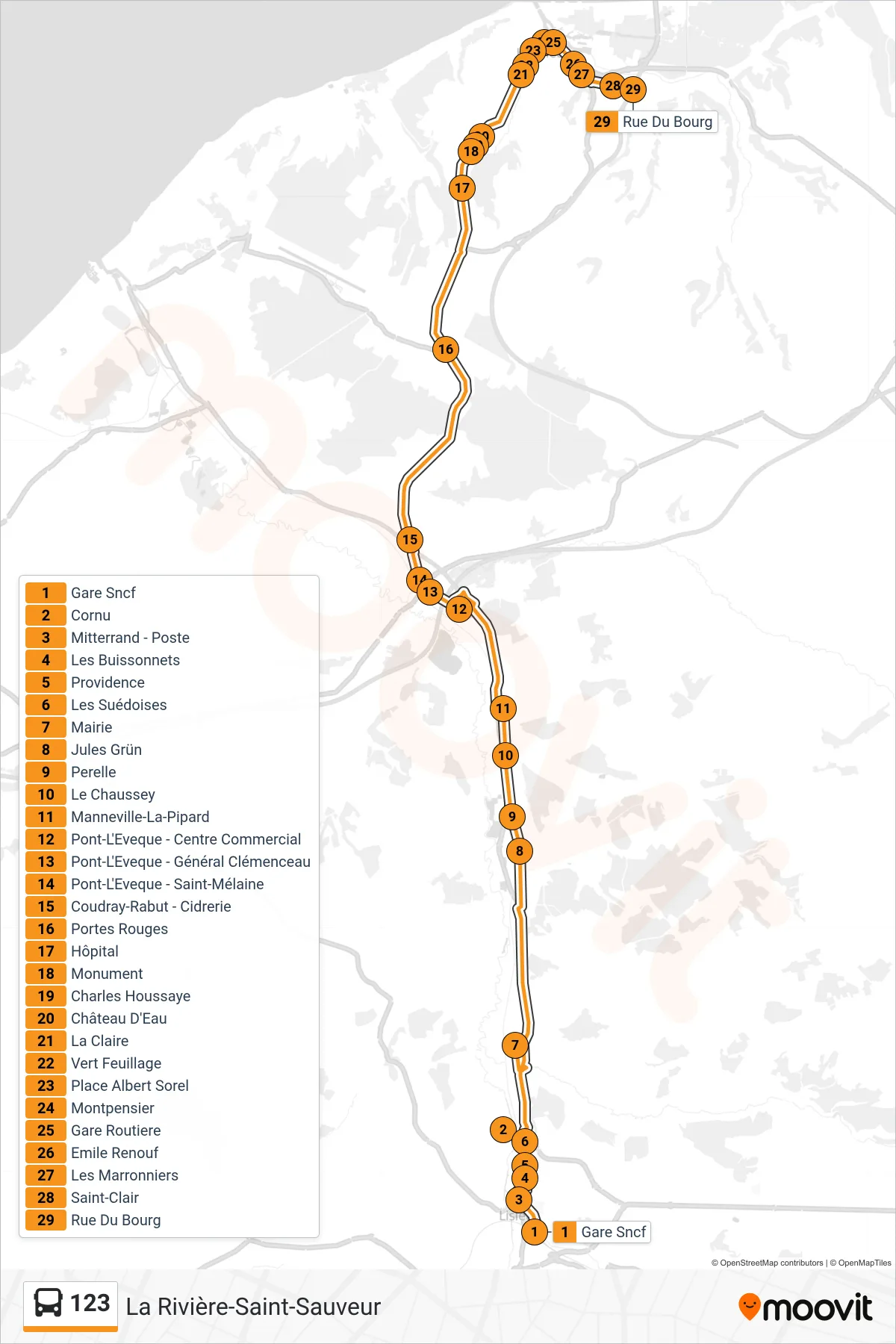 Tracé et arrêts de la ligne 123 de bus (La Rivière-Saint-Sauveur) sur une carte