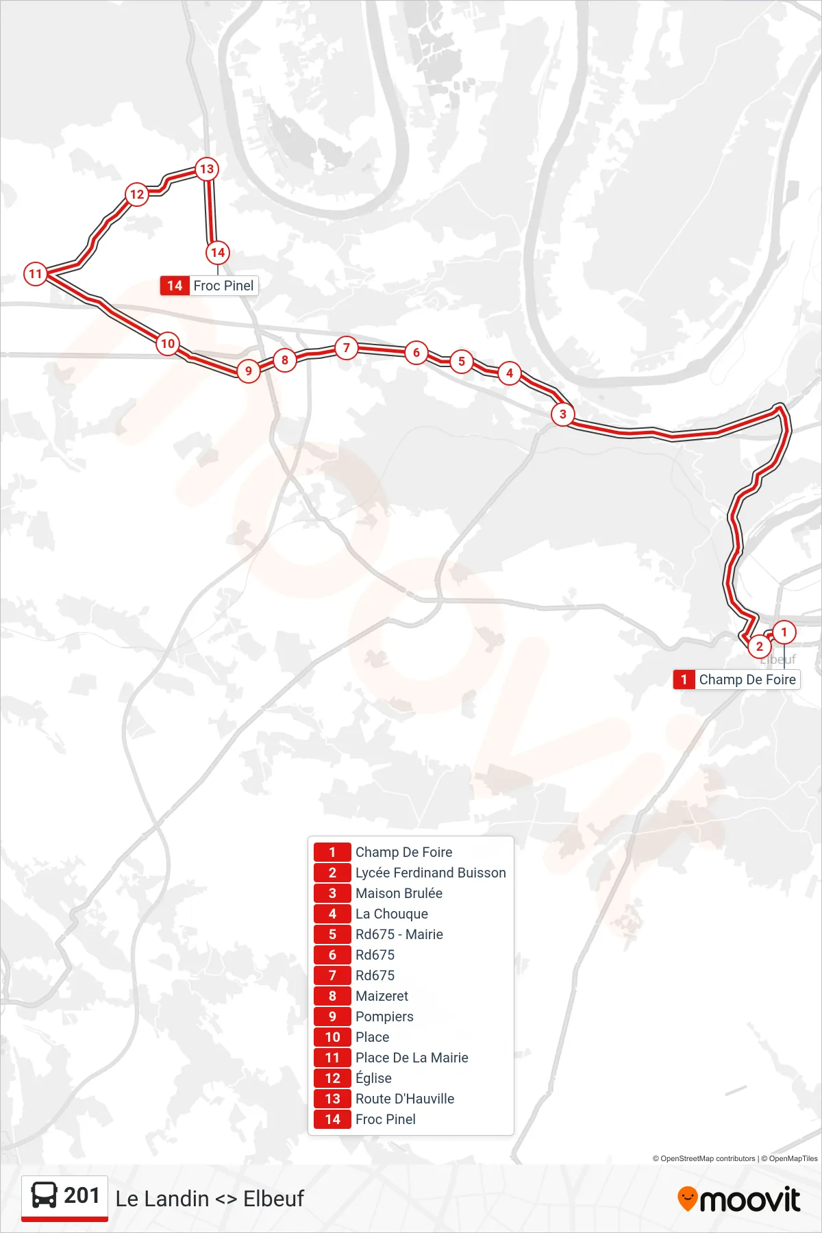 Tracé et arrêts de la ligne 201 de bus (Honguemare-Guenouville) sur une carte
