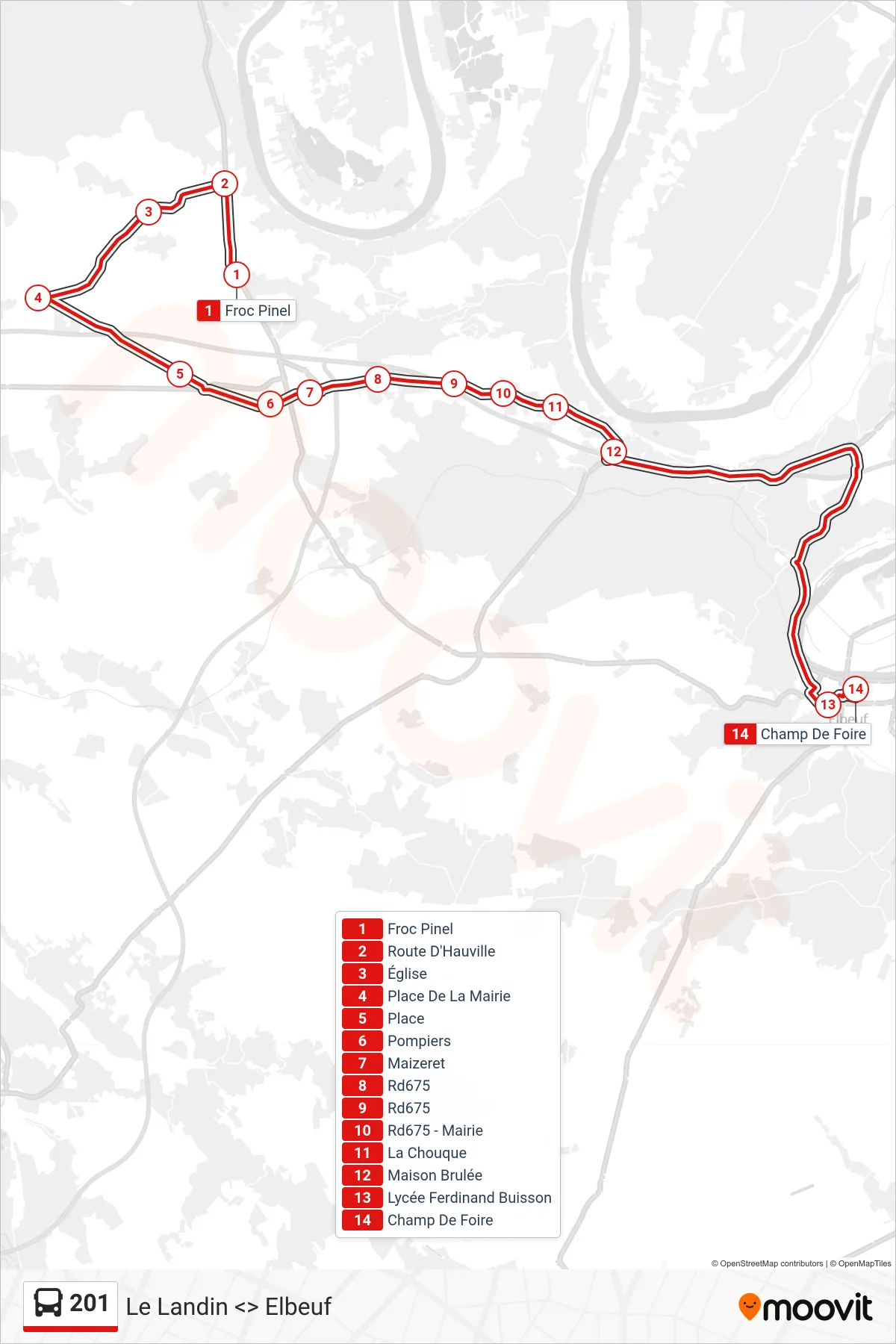 Tracé et arrêts de la ligne 201 de bus (Elbeuf) sur une carte