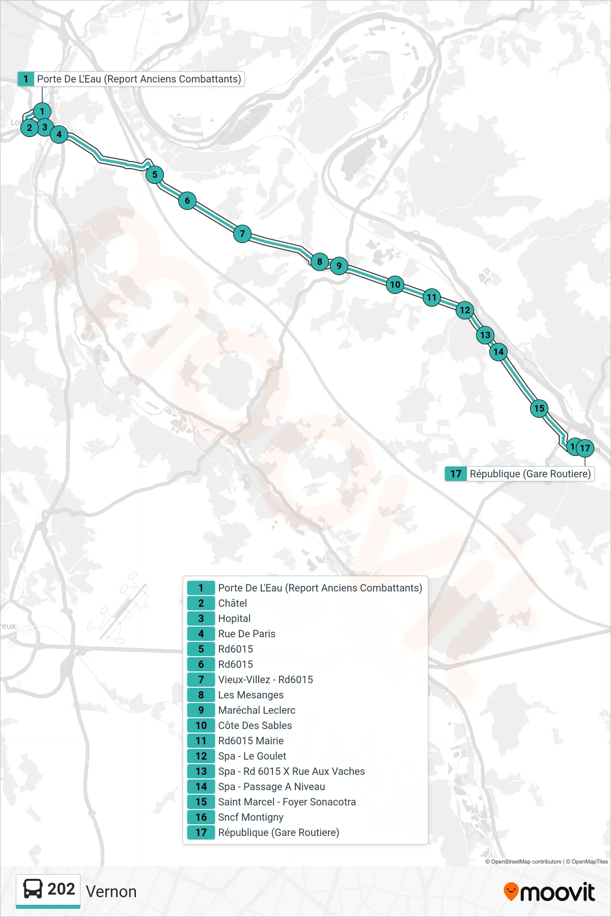 Tracé et arrêts de la ligne 202 de bus (Vernon) sur une carte