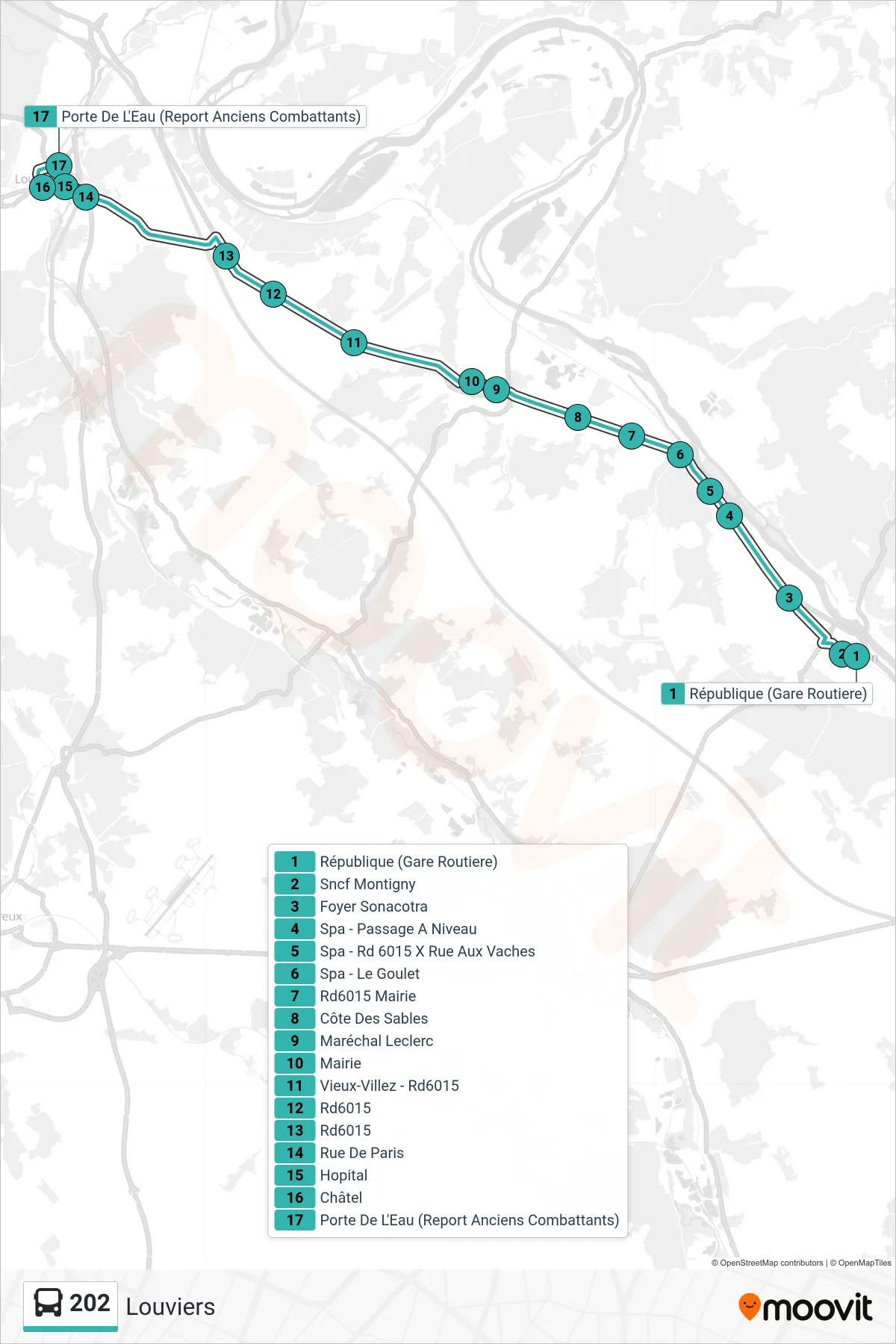 Tracé et arrêts de la ligne 202 de bus (Louviers) sur une carte