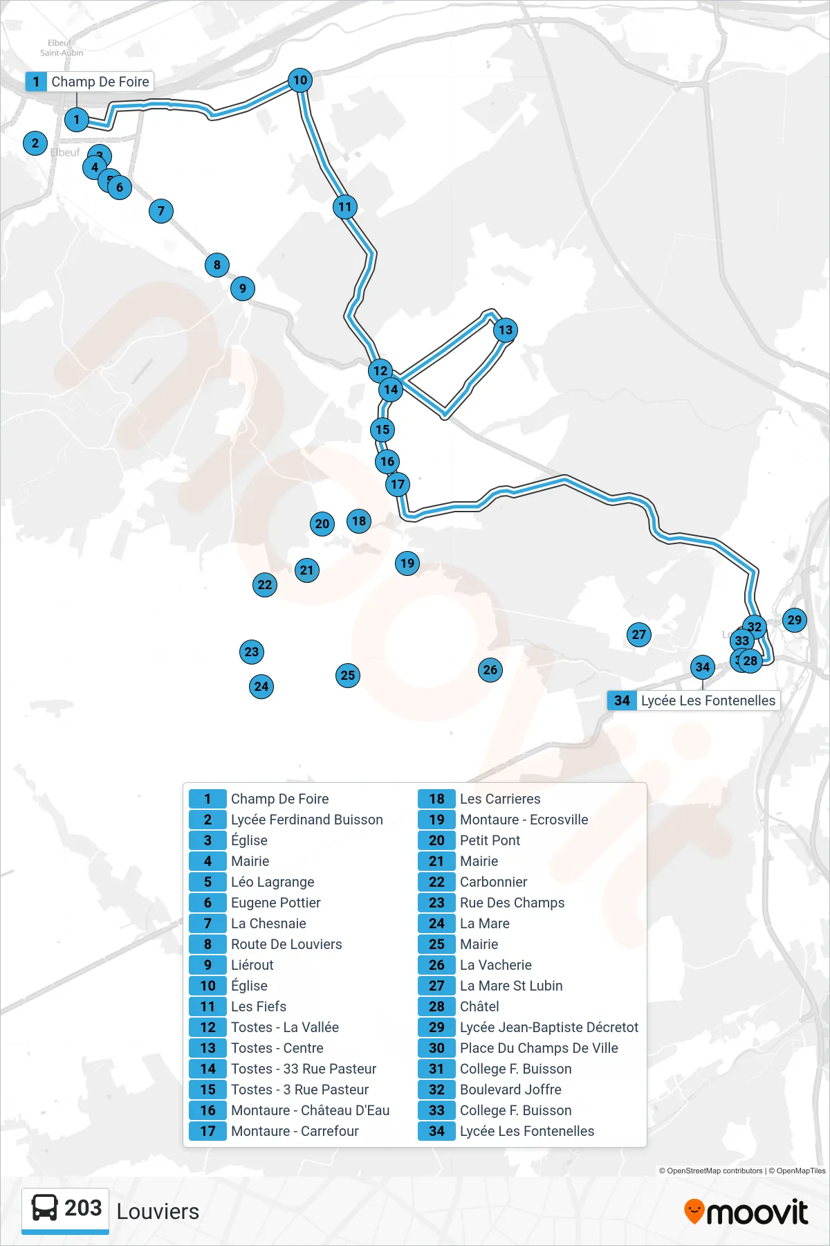 Tracé et arrêts de la ligne 203 de bus (Louviers) sur une carte