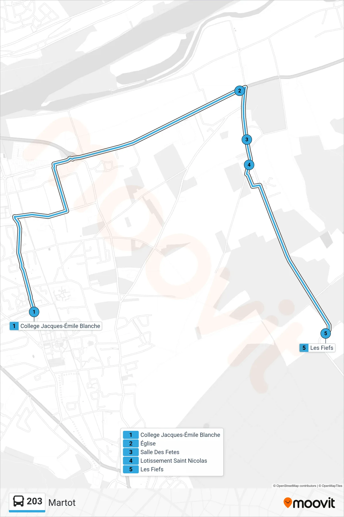 Tracé et arrêts de la ligne 203 de bus (Martot) sur une carte