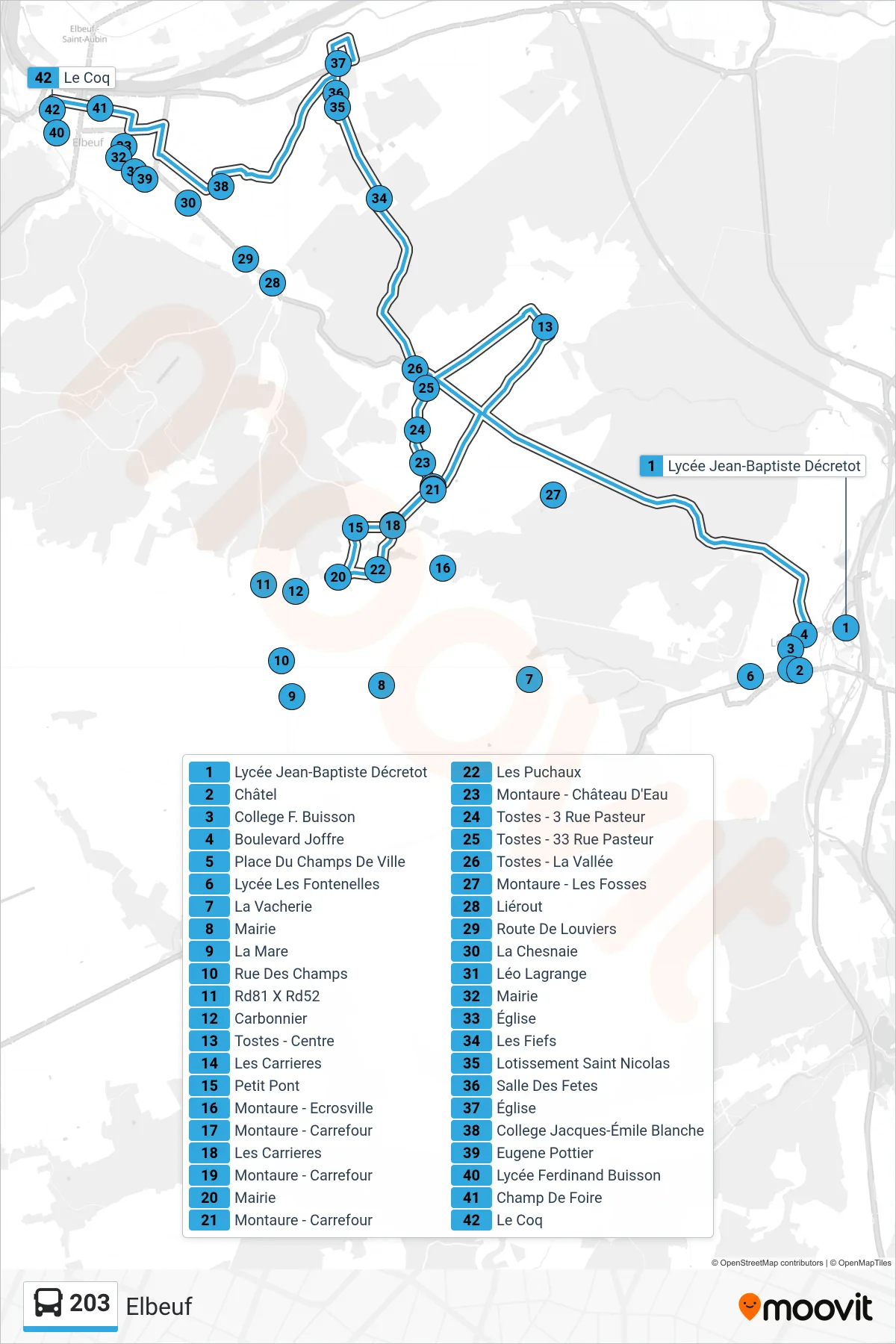 Tracé et arrêts de la ligne 203 de bus (Elbeuf) sur une carte
