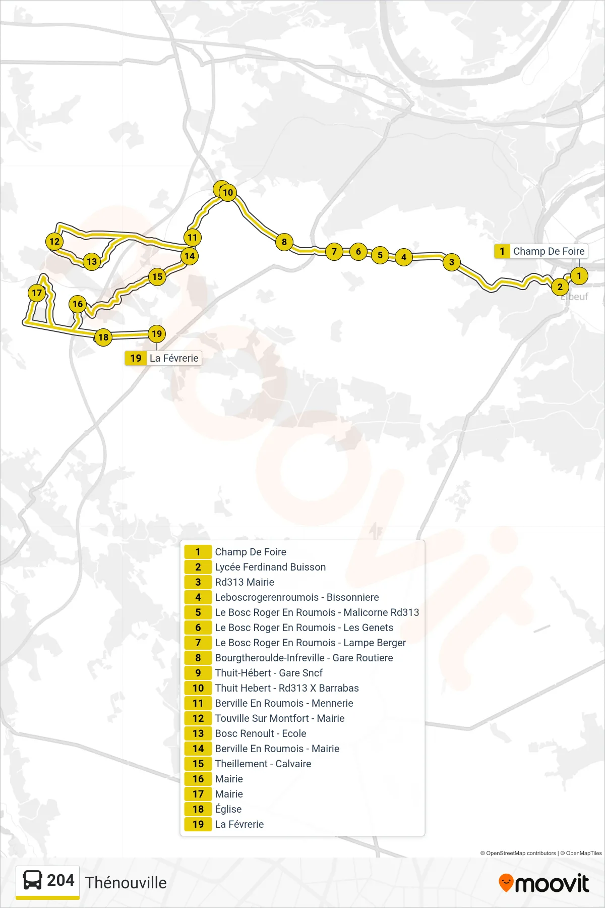 Tracé et arrêts de la ligne 204 de bus (Thénouville) sur une carte