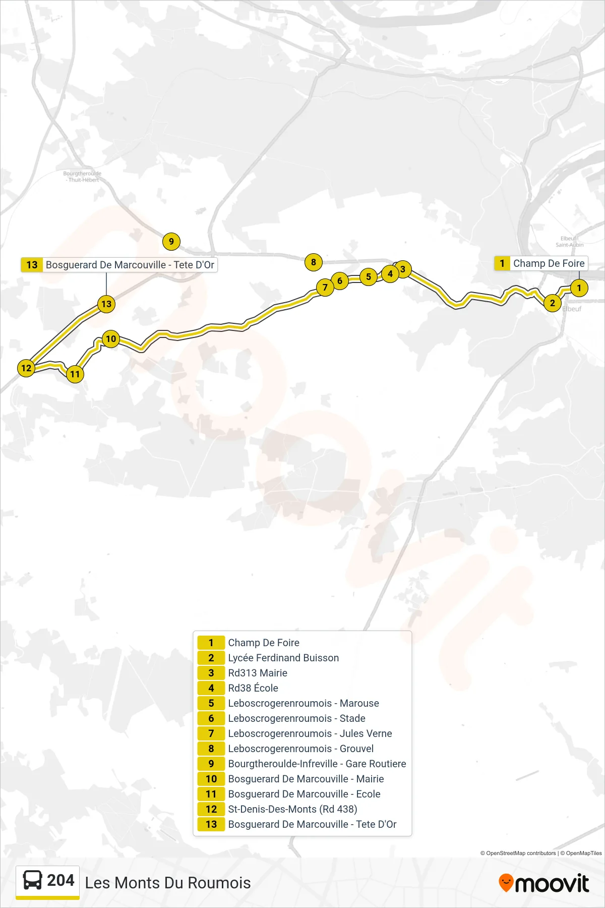 Tracé et arrêts de la ligne 204 de bus (Les Monts Du Roumois) sur une carte