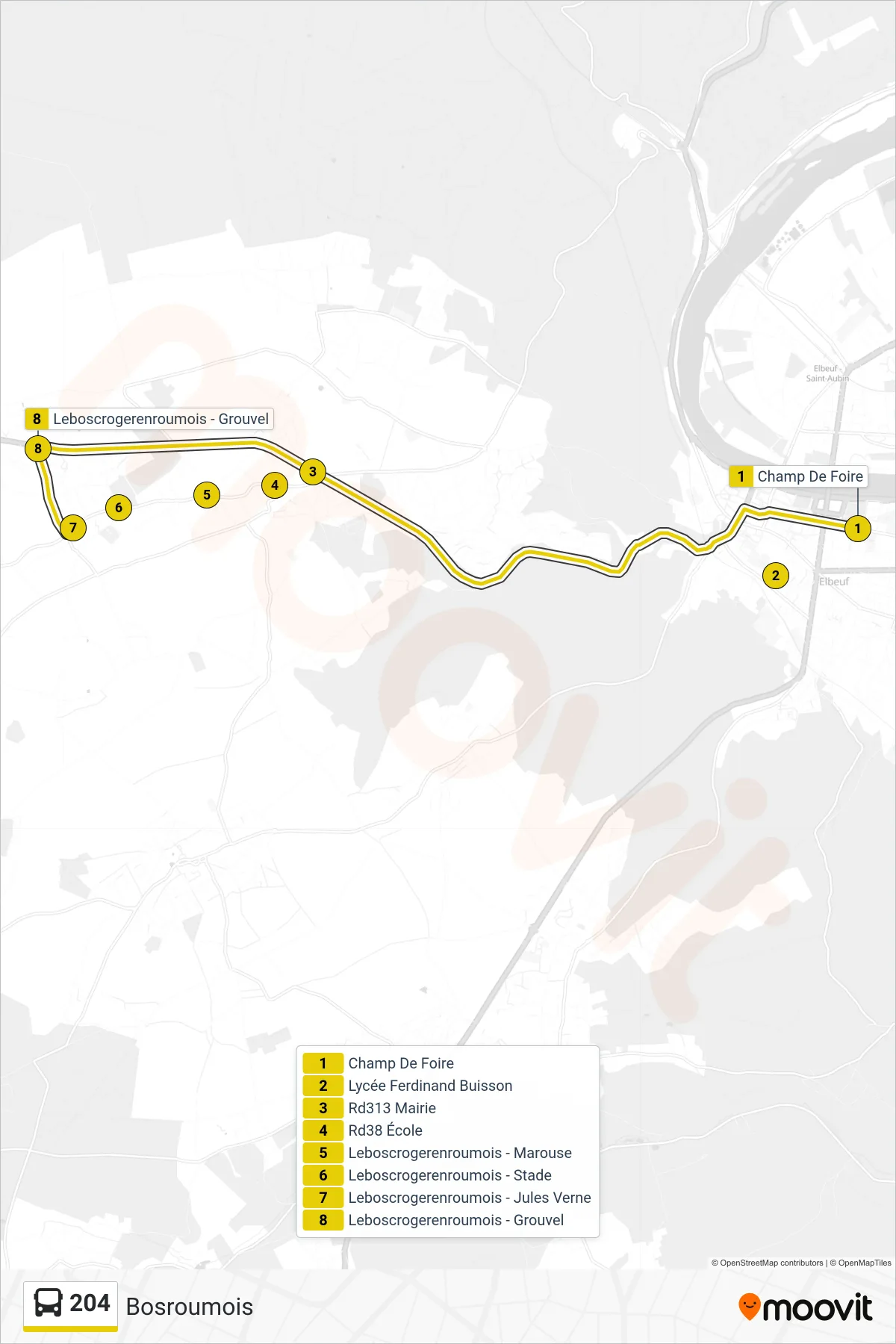 Tracé et arrêts de la ligne 204 de bus (Bosroumois) sur une carte
