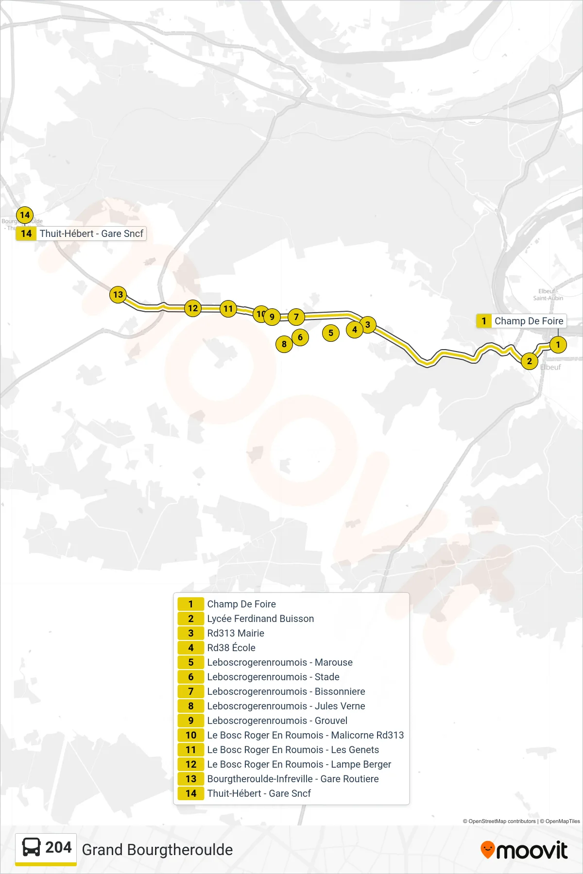 Tracé et arrêts de la ligne 204 de bus (Grand Bourgtheroulde) sur une carte