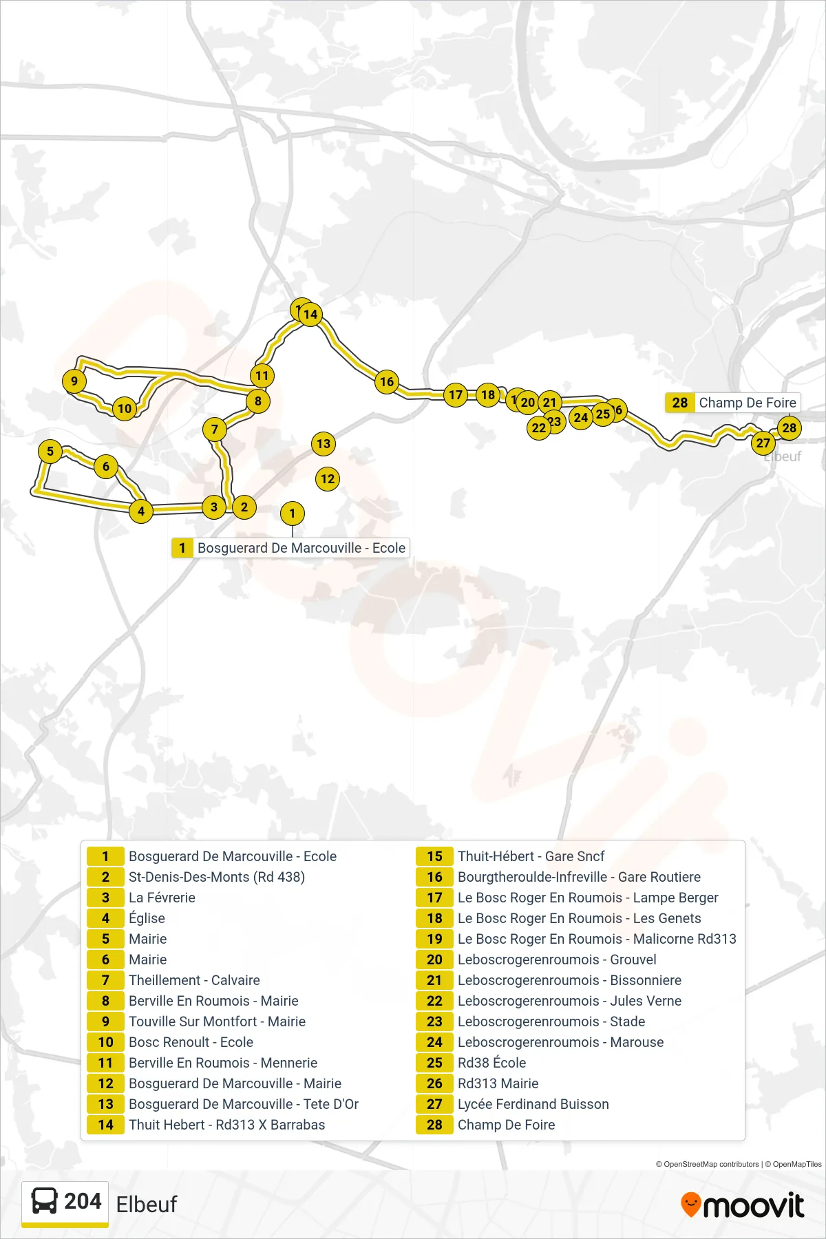 Recorrido y paradas de la línea 204 de autobús (Elbeuf) en el mapa