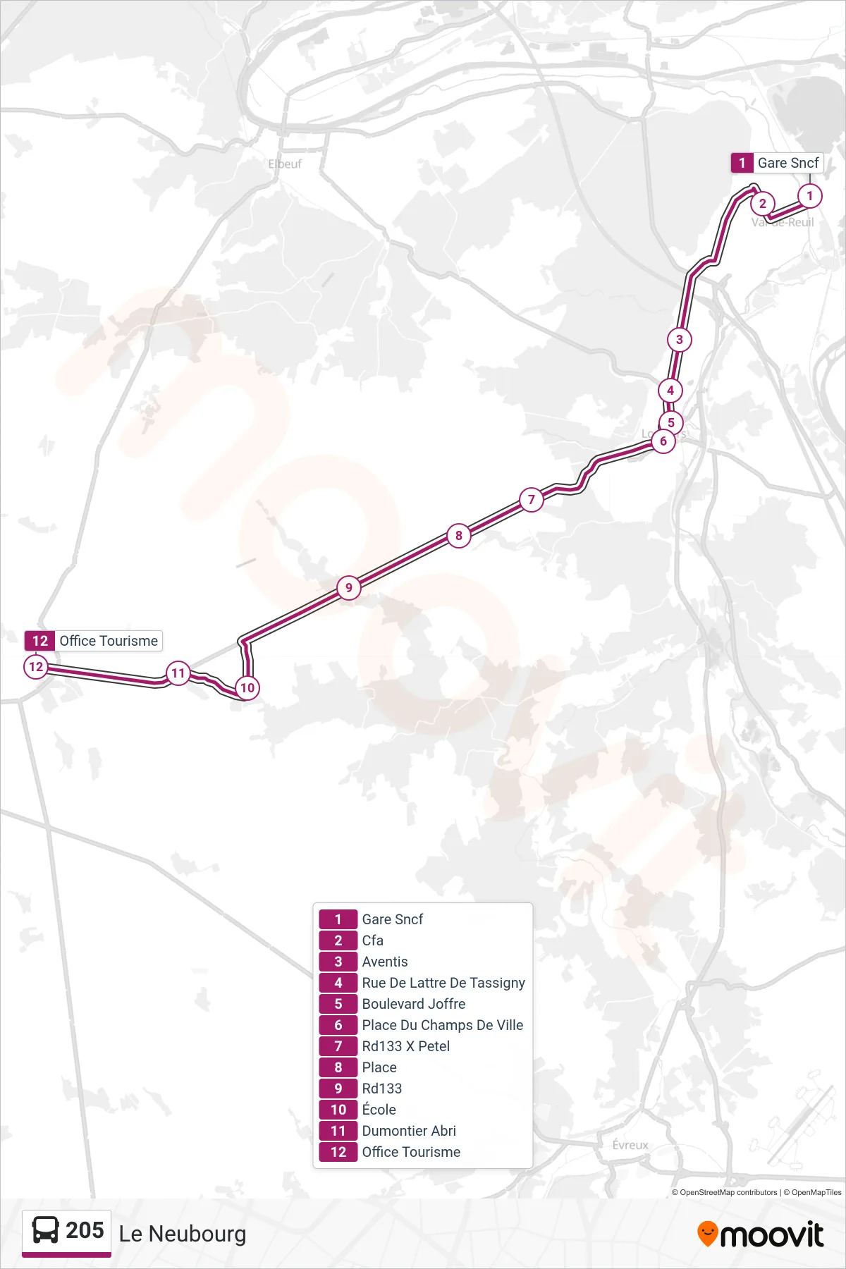 205 bus Line (Le Neubourg) route and stops on a map