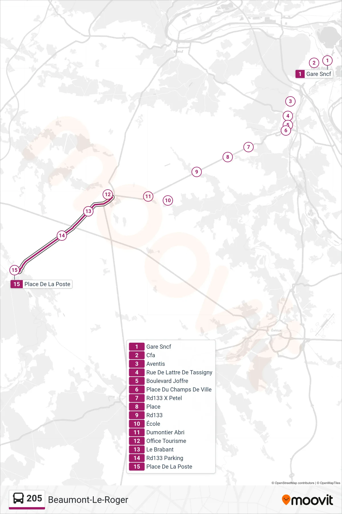 205 bus Line (Beaumont-Le-Roger) route and stops on a map