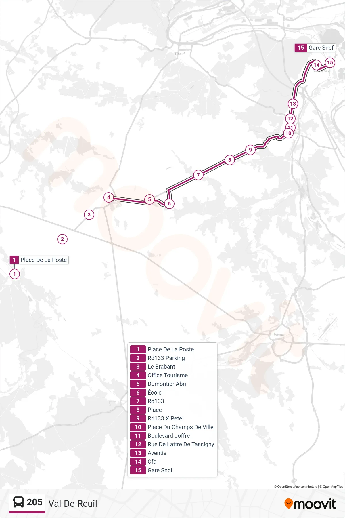 Tracé et arrêts de la ligne 205 de bus (Val-De-Reuil) sur une carte