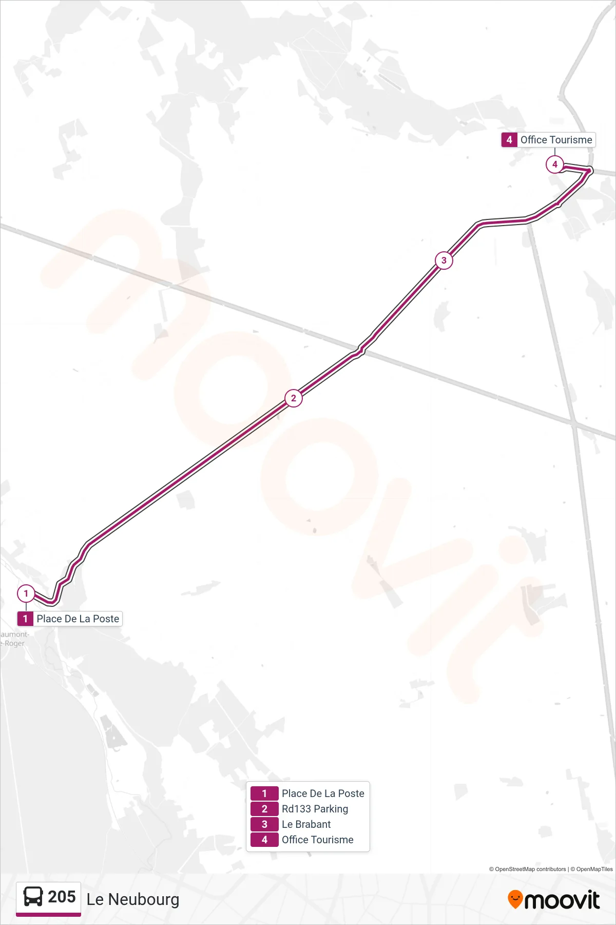 Tracé et arrêts de la ligne 205 de bus (Le Neubourg) sur une carte