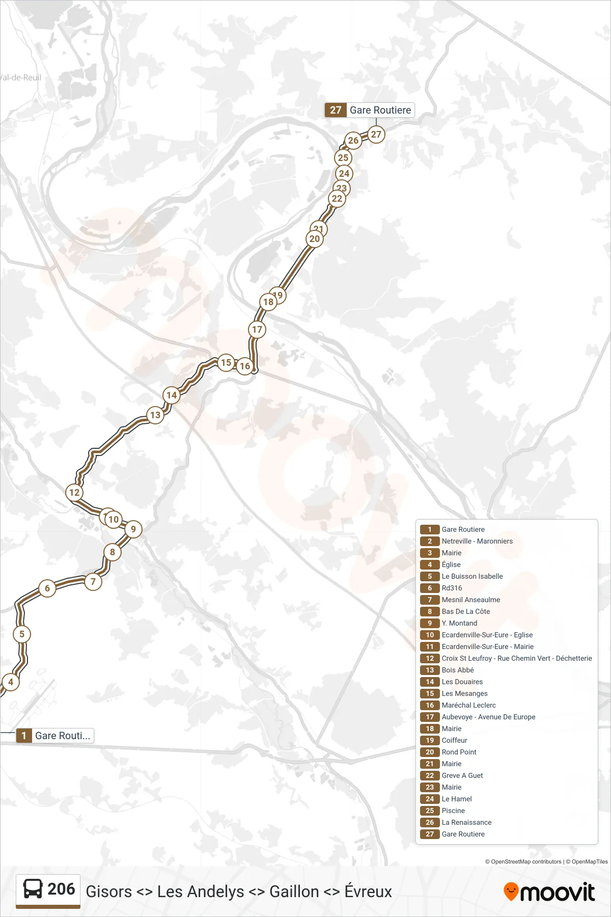 Tracé et arrêts de la ligne 206 de bus (Les Andelys) sur une carte