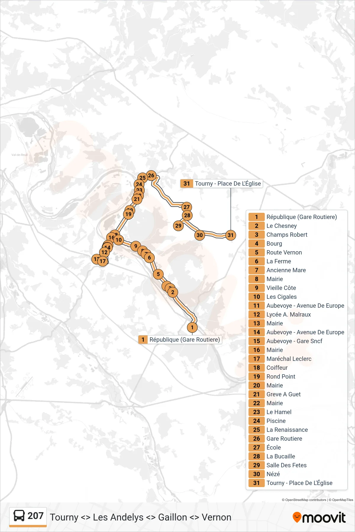 Tracé et arrêts de la ligne 207 de bus (Vexin-Sur-Epte) sur une carte