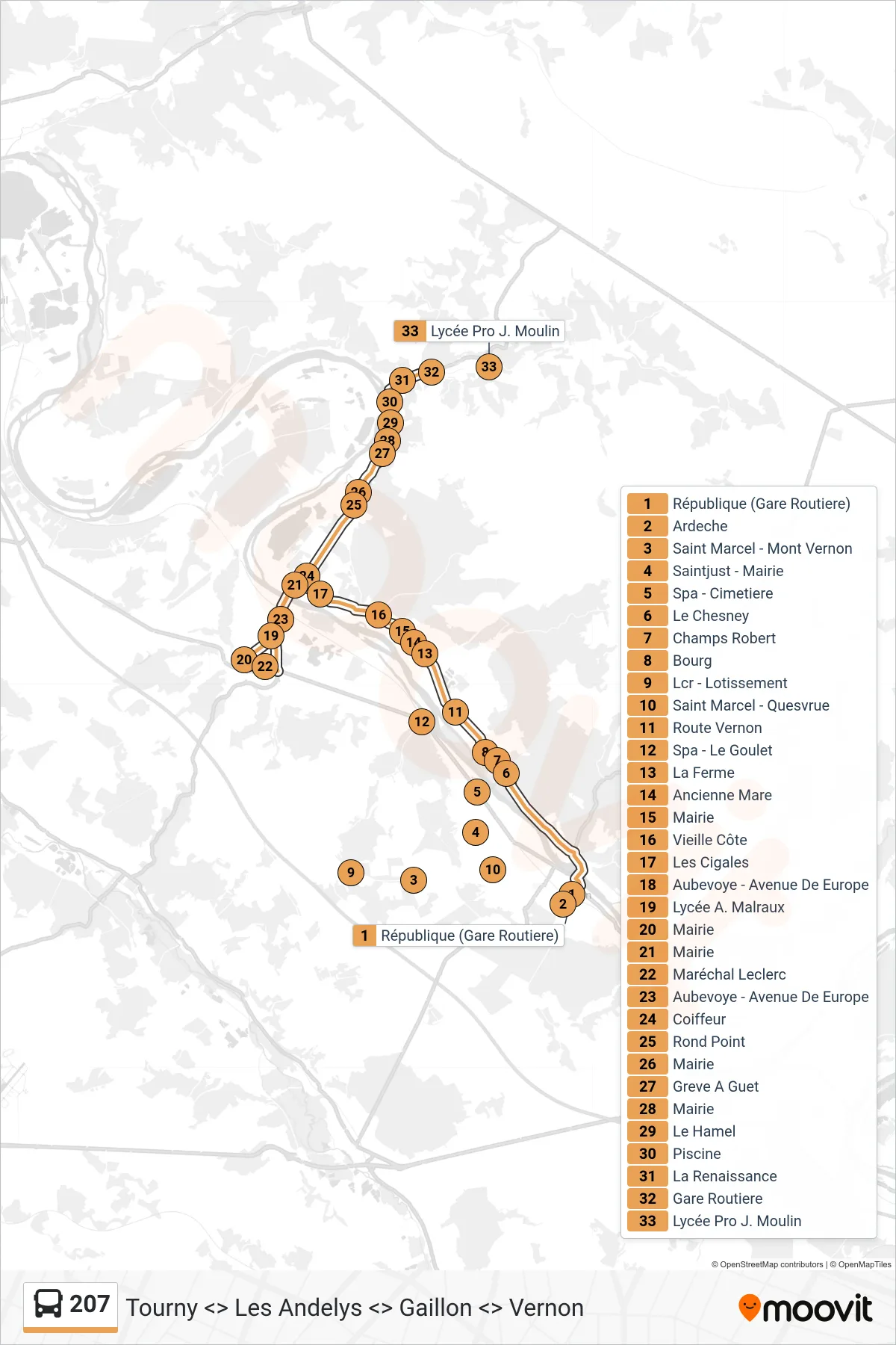 Tracé et arrêts de la ligne 207 de bus (Les Andelys) sur une carte