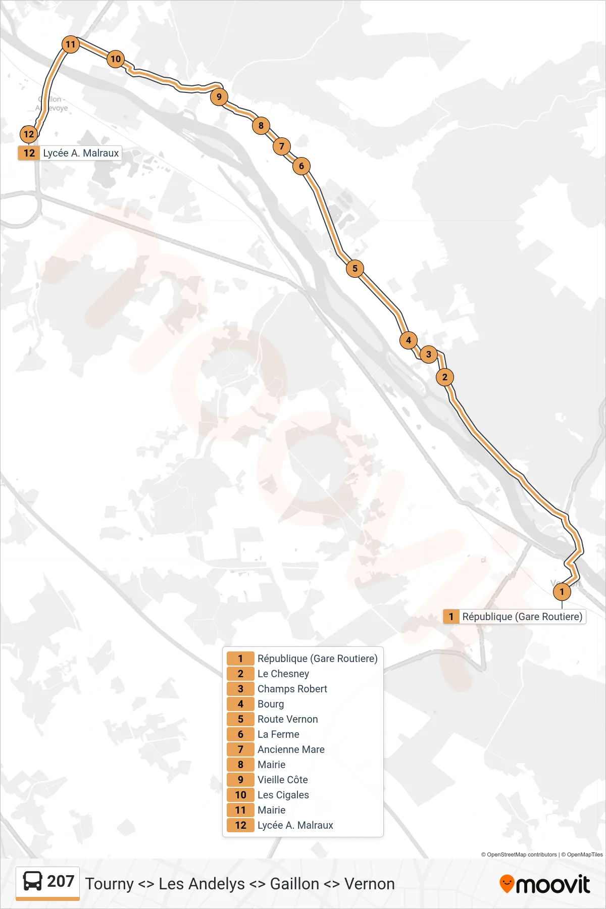 Tracé et arrêts de la ligne 207 de bus (Le Val D'Hazey) sur une carte