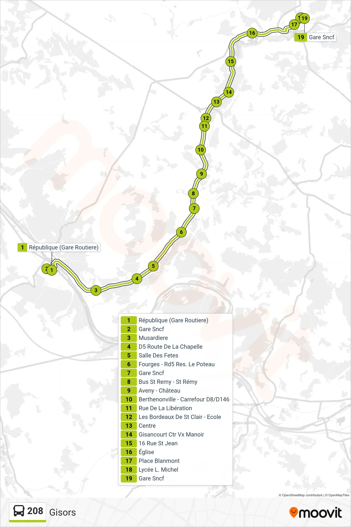 Tracé et arrêts de la ligne 208 de bus (Gisors) sur une carte