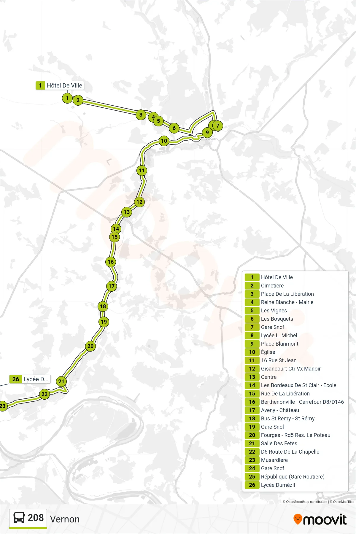 208 bus Line (Vernon) route and stops on a map