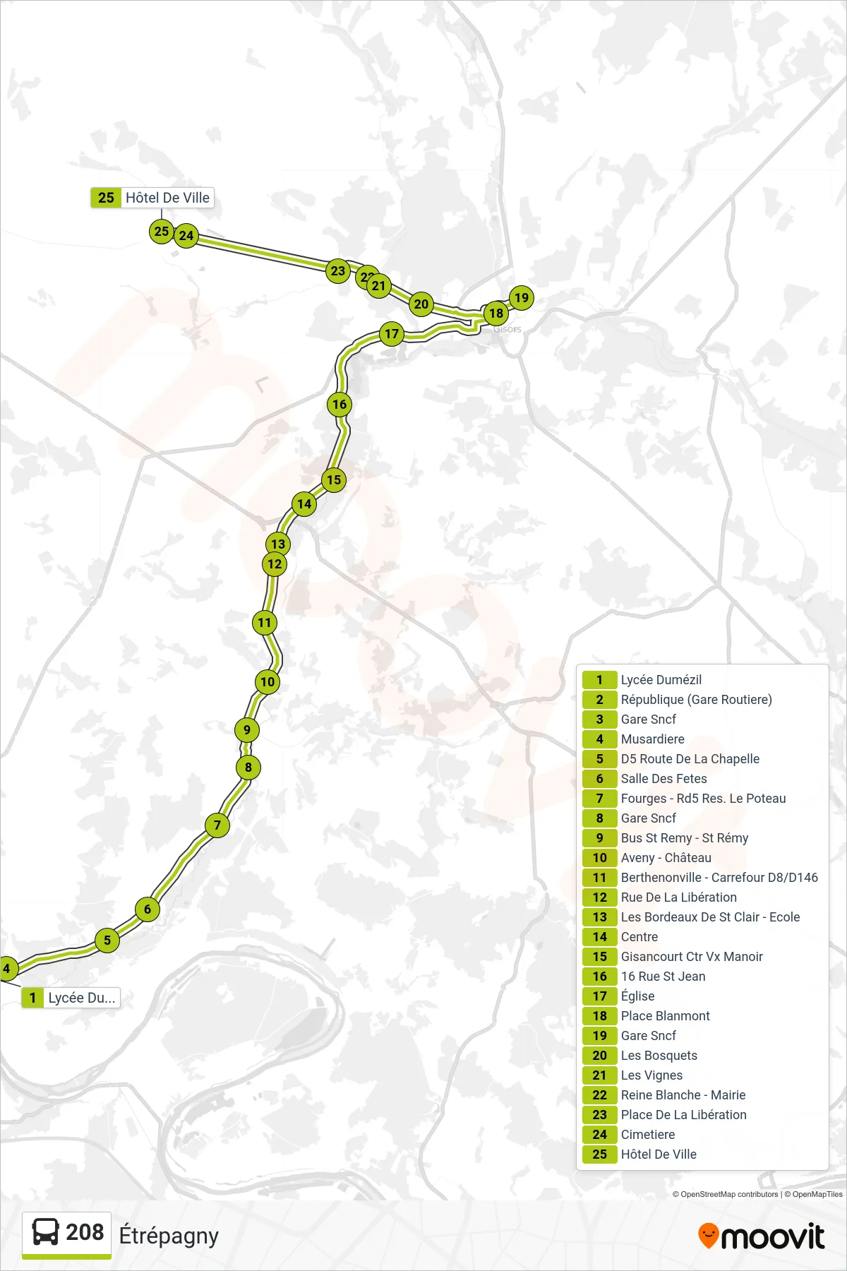 Tracé et arrêts de la ligne 208 de bus (Étrépagny) sur une carte