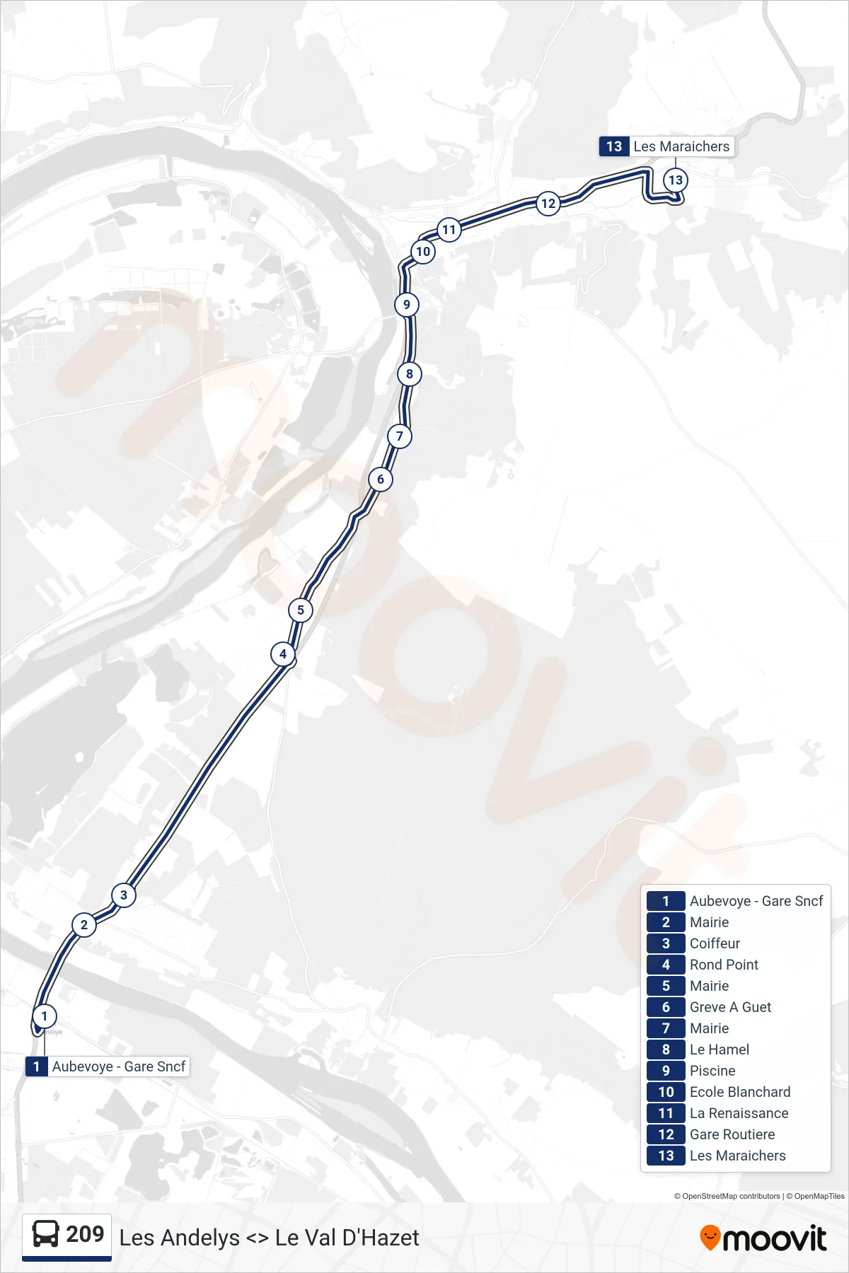 Tracé et arrêts de la ligne 209 de bus (Les Andelys) sur une carte
