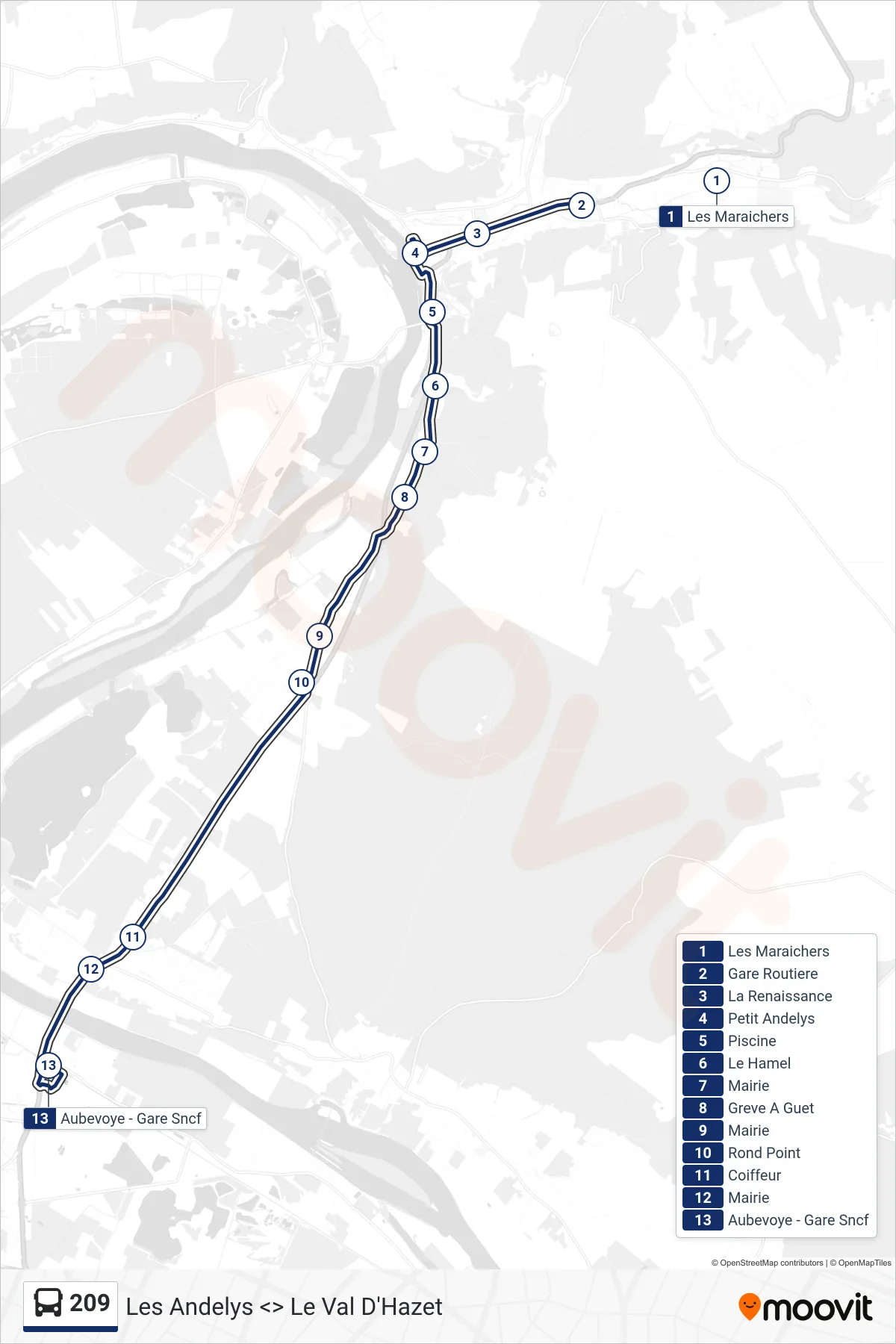 Tracé et arrêts de la ligne 209 de bus (Le Val D'Hazey) sur une carte