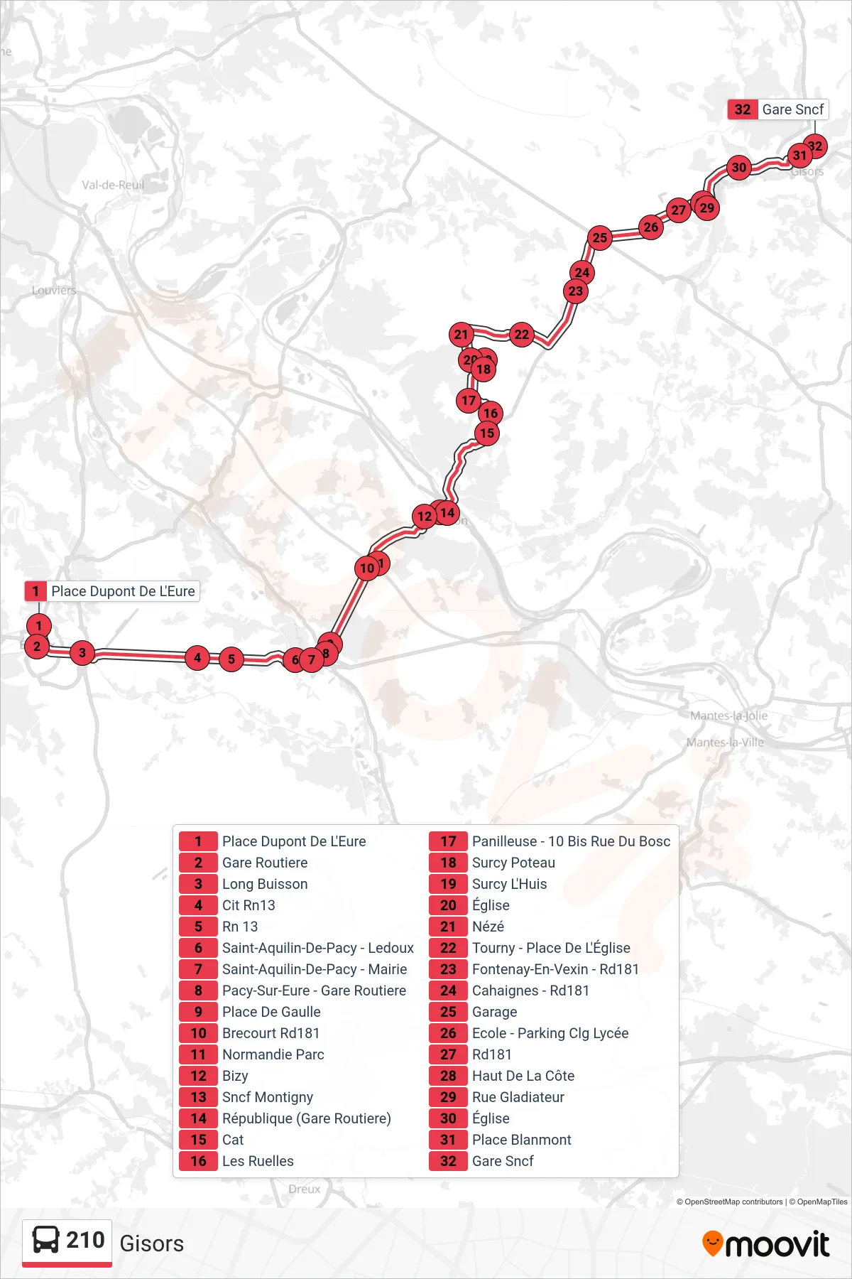 Tracé et arrêts de la ligne 210 de bus (Gisors) sur une carte