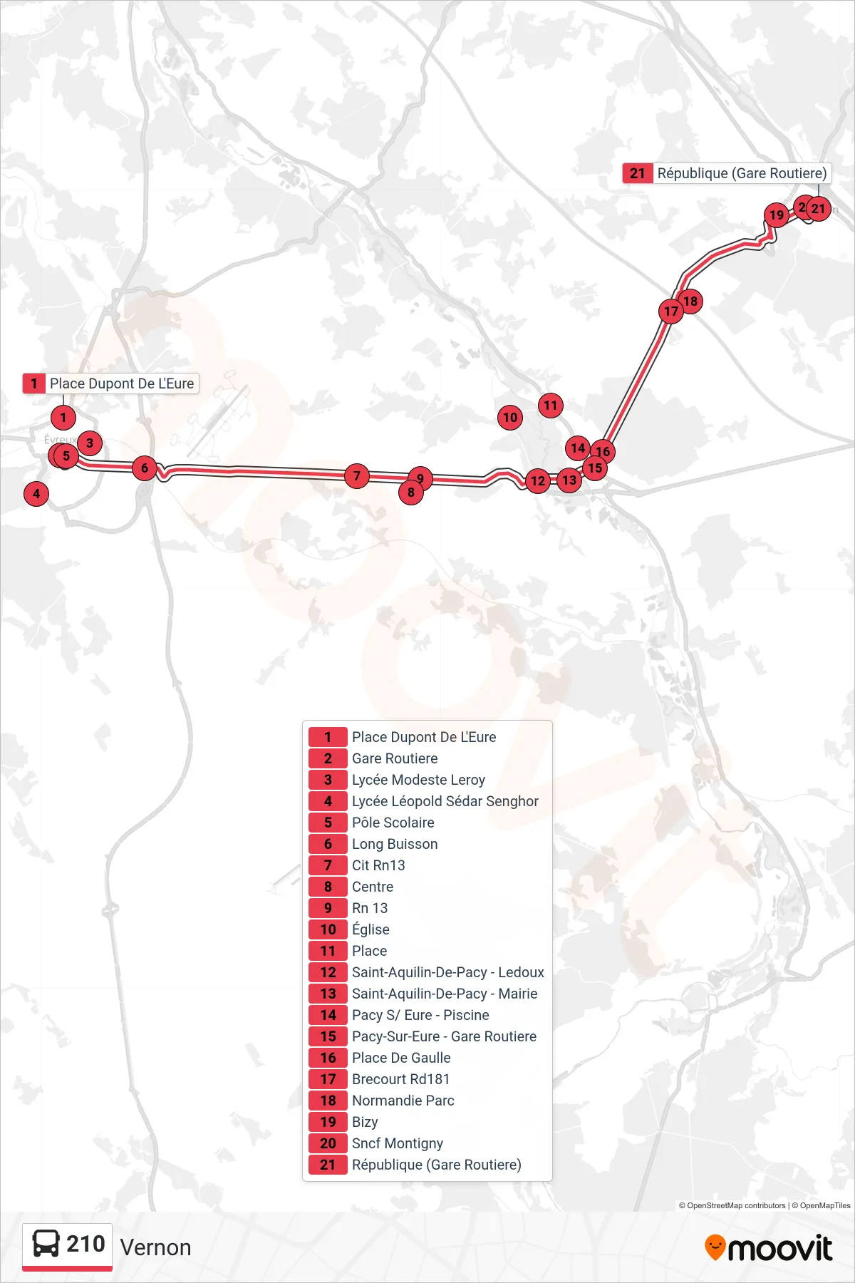 Tracé et arrêts de la ligne 210 de bus (Vernon) sur une carte