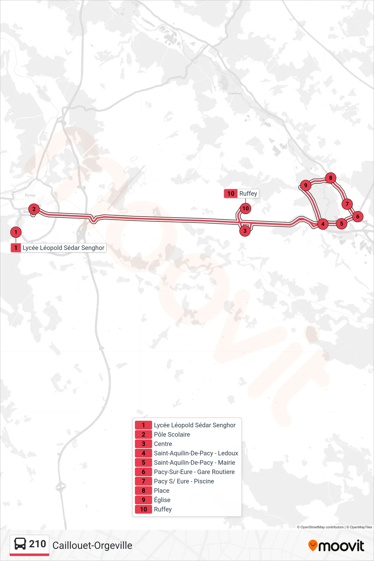 Tracé et arrêts de la ligne 210 de bus (Caillouet-Orgeville) sur une carte