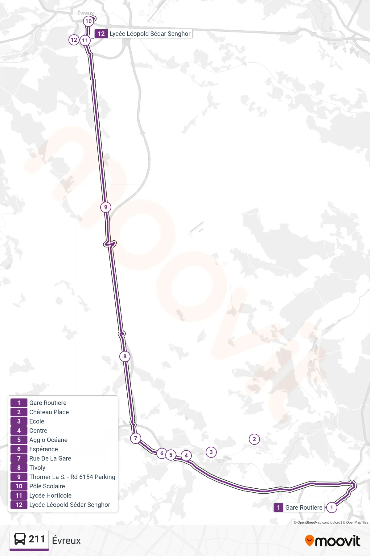 Recorrido y paradas de la línea 211 de autobús (Évreux) en el mapa