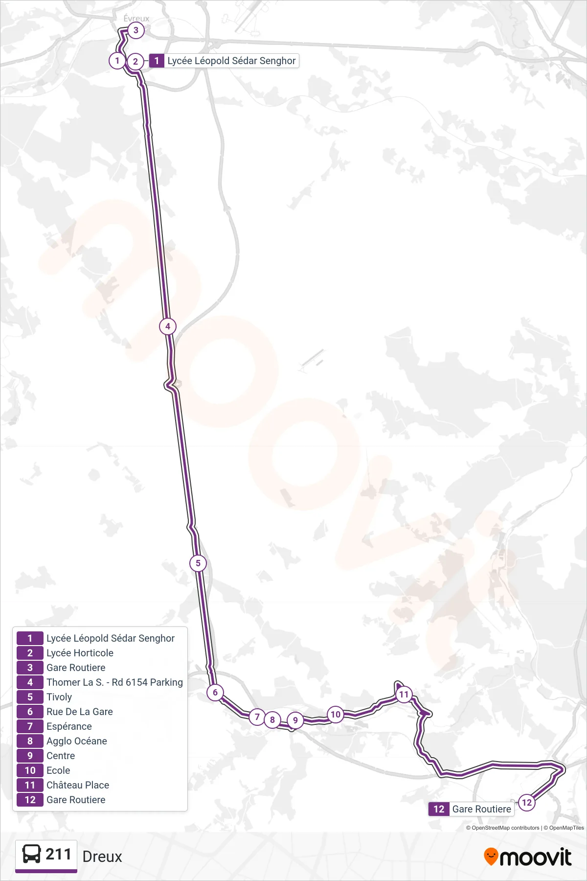 Tracé et arrêts de la ligne 211 de bus (Dreux) sur une carte