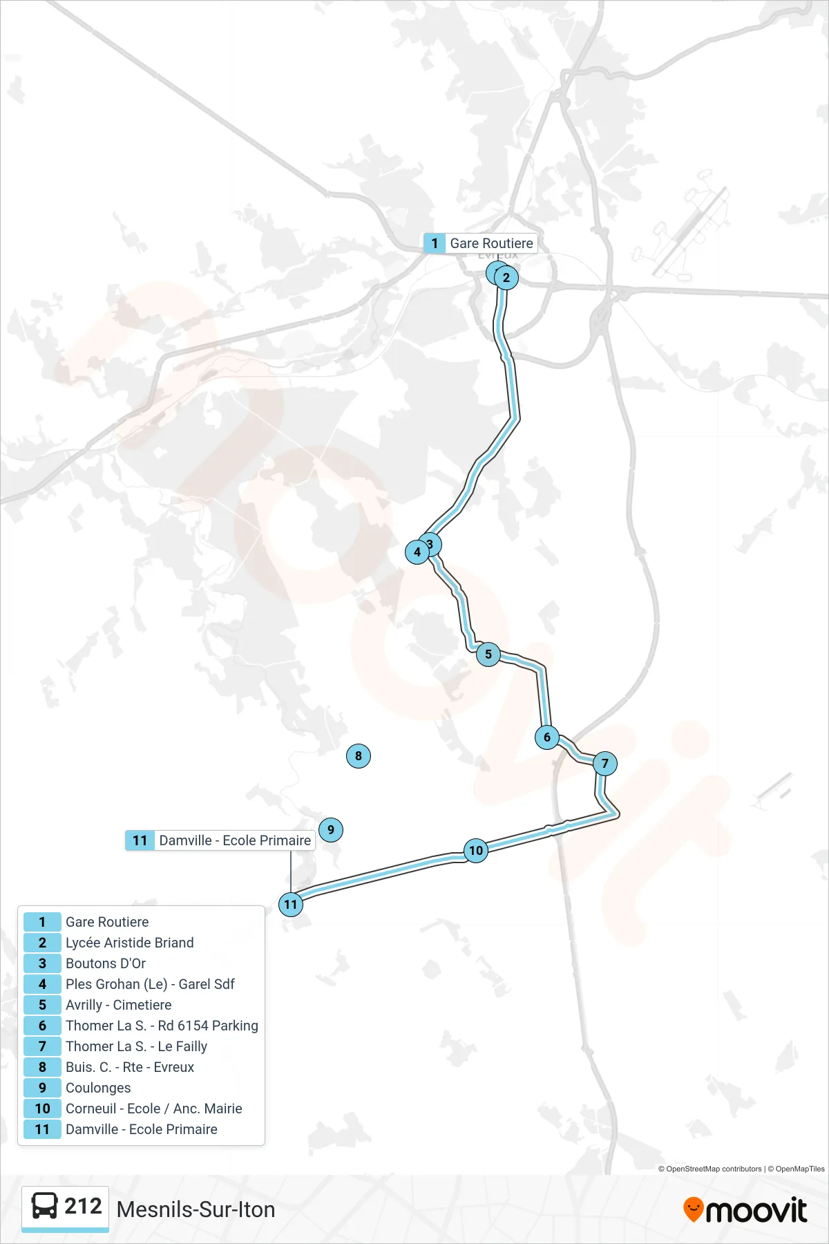 Tracé et arrêts de la ligne 212 de bus (Mesnils-Sur-Iton) sur une carte