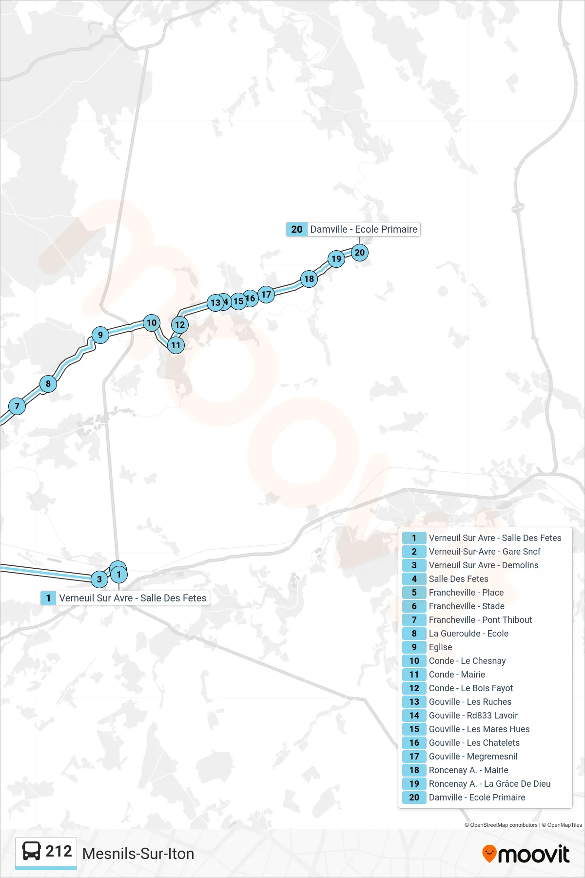 Tracé et arrêts de la ligne 212 de bus (Mesnils-Sur-Iton) sur une carte