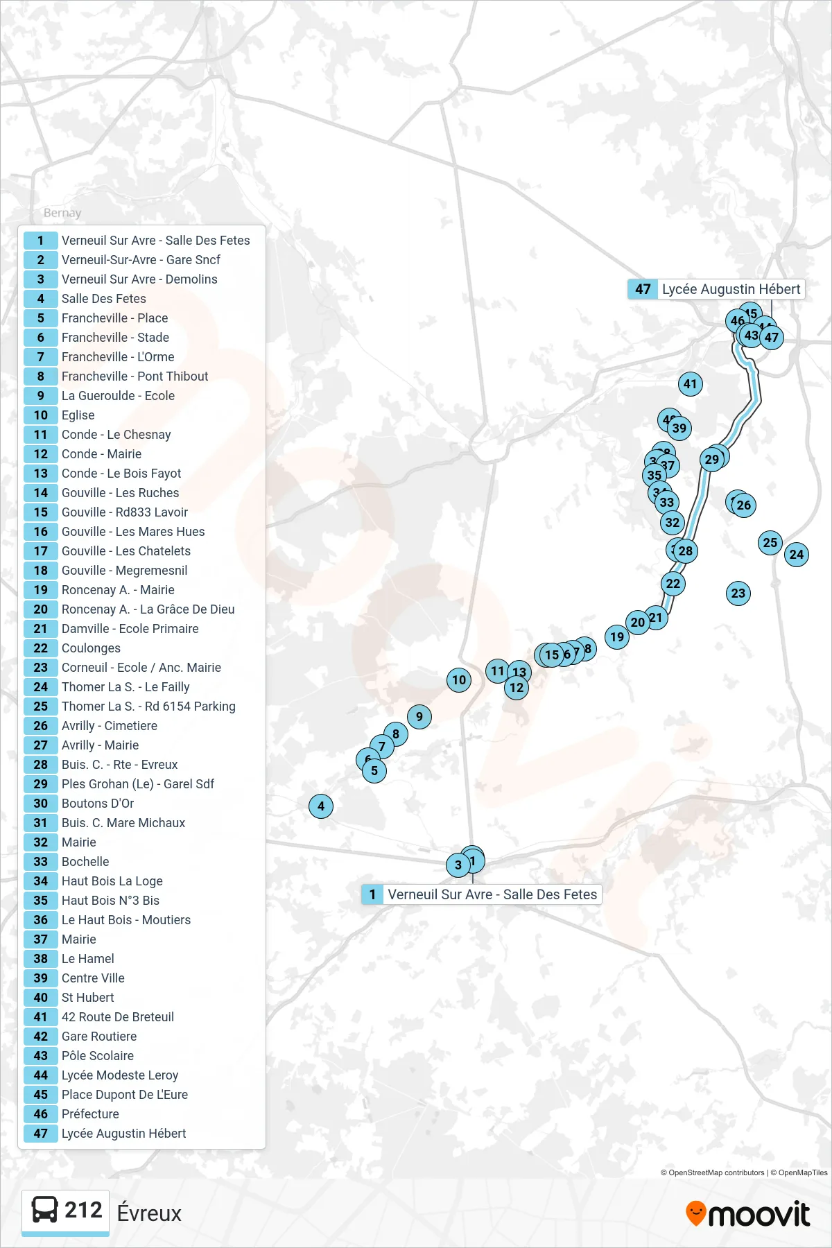 212 bus Line (Évreux) route and stops on a map