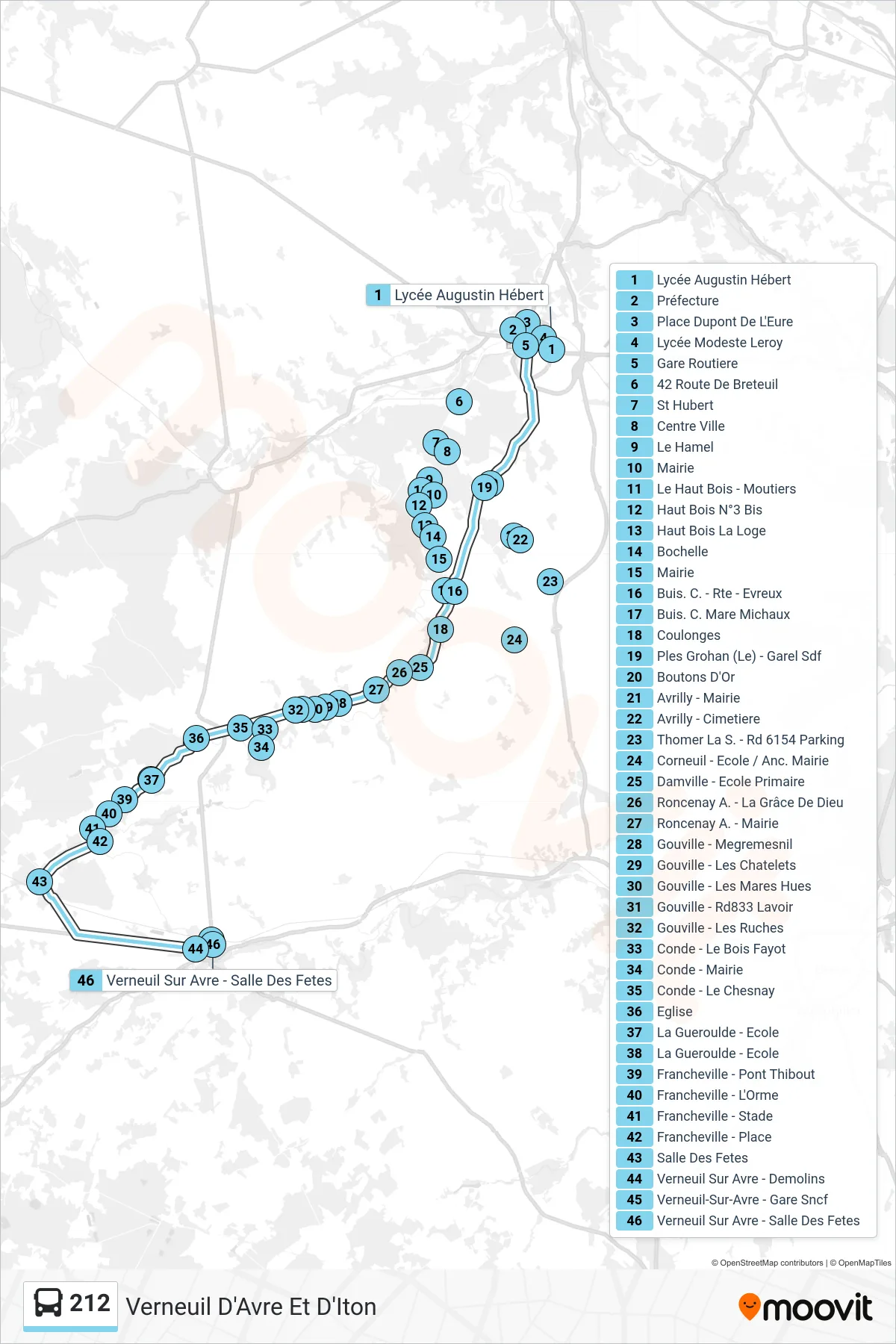 Tracé et arrêts de la ligne 212 de bus (Verneuil D'Avre Et D'Iton) sur une carte
