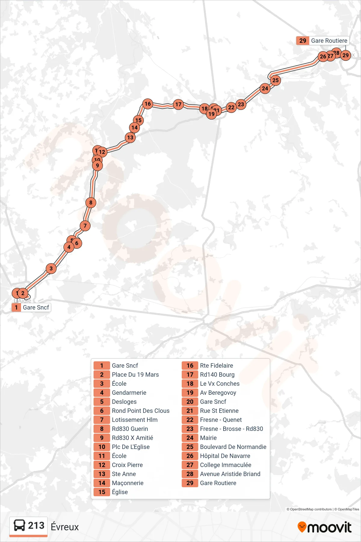 Tracé et arrêts de la ligne 213 de bus (Évreux) sur une carte