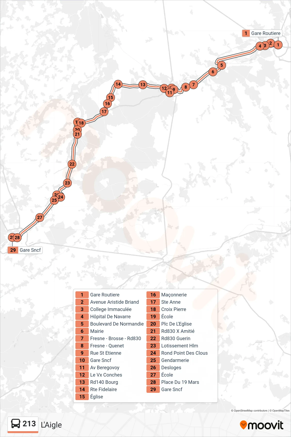 213 bus Line (L'Aigle) route and stops on a map