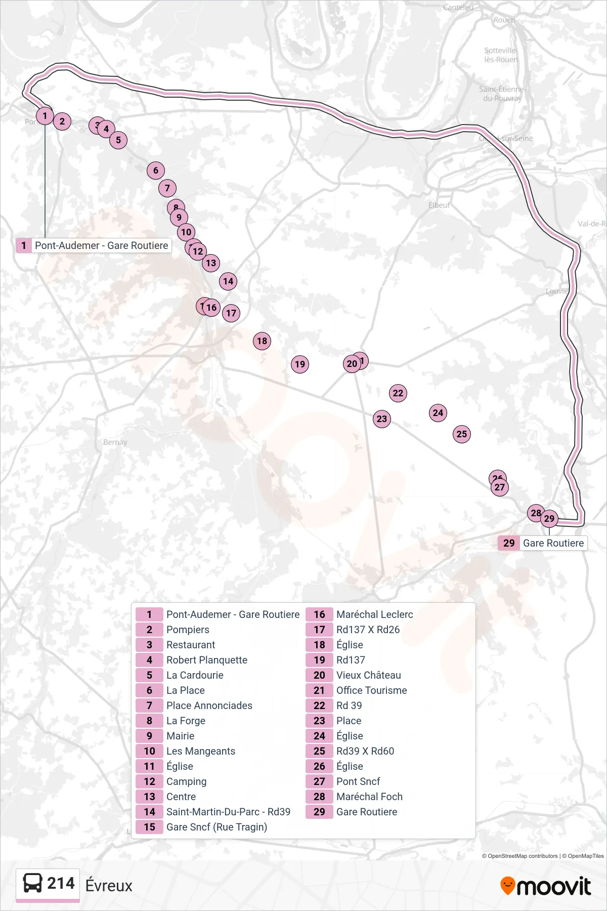 Tracé et arrêts de la ligne 214 de bus (Évreux) sur une carte