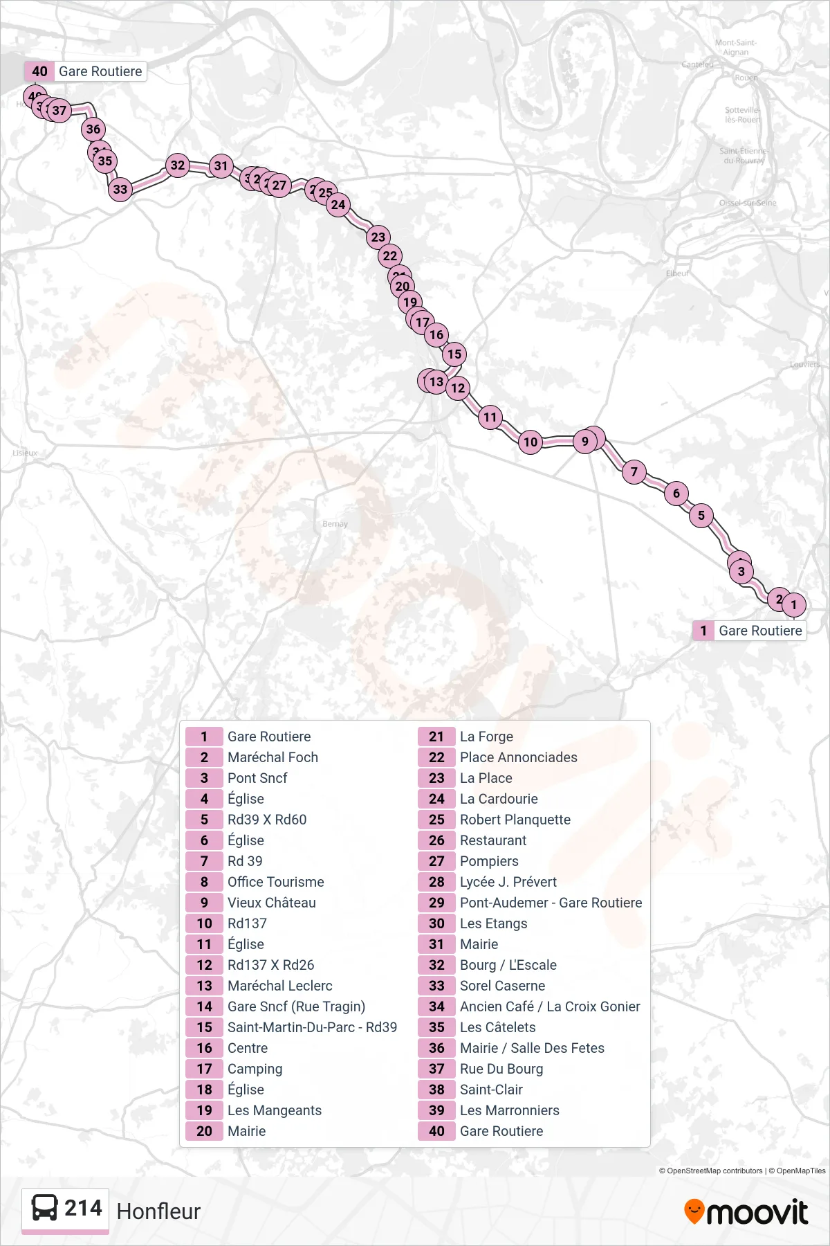Recorrido y paradas de la línea 214 de autobús (Honfleur) en el mapa