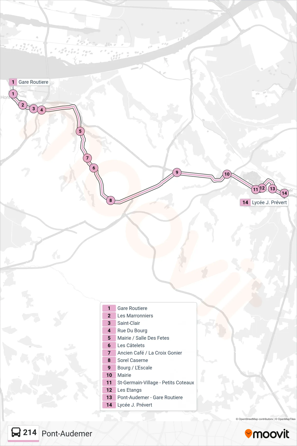 Tracé et arrêts de la ligne 214 de bus (Pont-Audemer) sur une carte