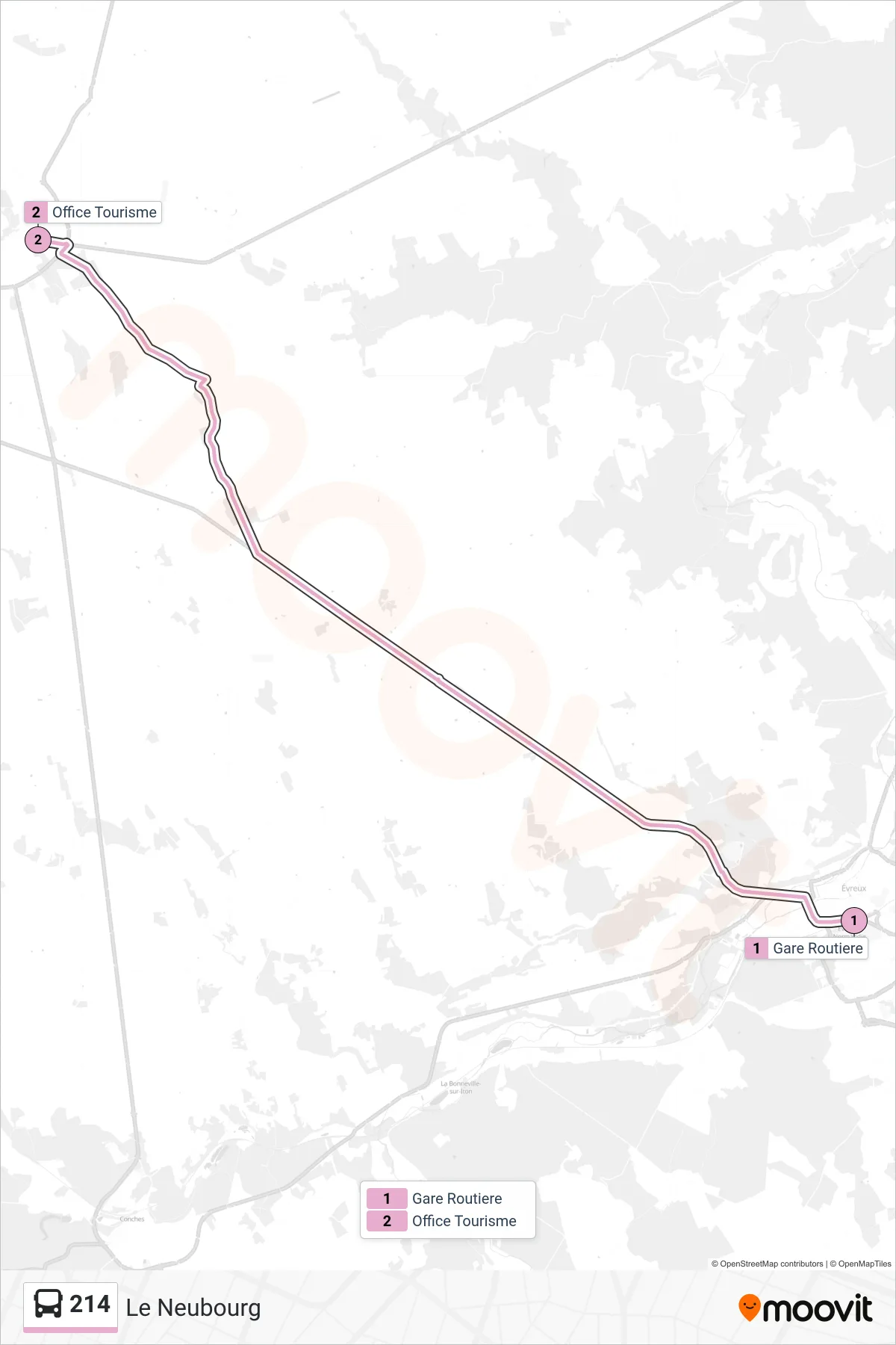 Recorrido y paradas de la línea 214 de autobús (Le Neubourg) en el mapa