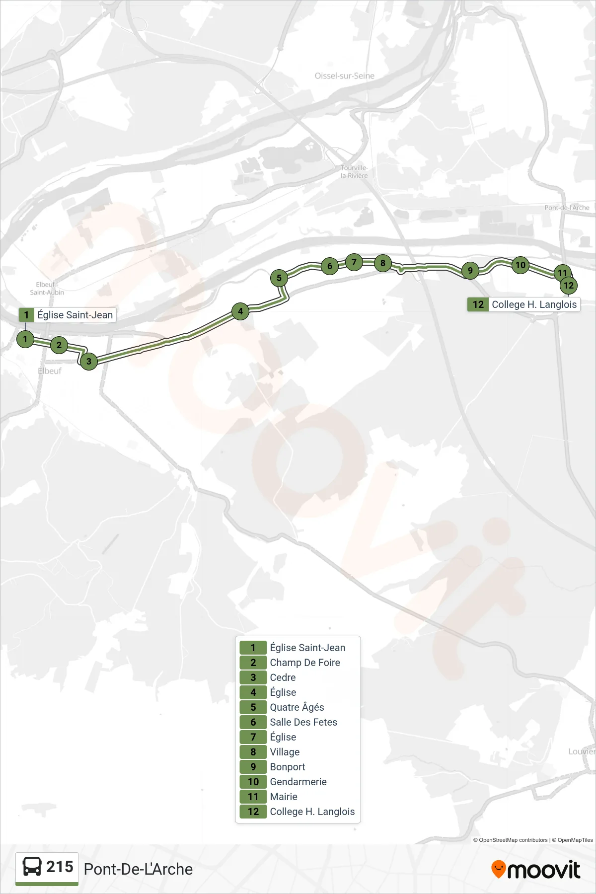 Tracé et arrêts de la ligne 215 de bus (Pont-De-L'Arche) sur une carte