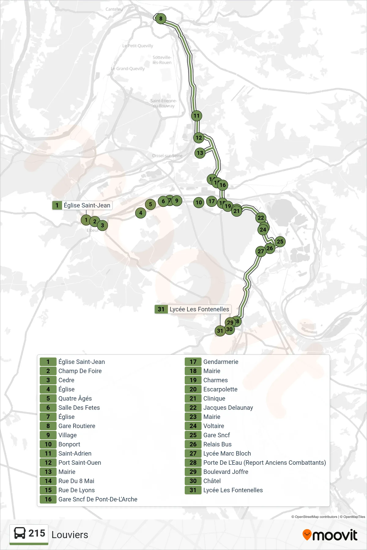 Tracé et arrêts de la ligne 215 de bus (Louviers) sur une carte
