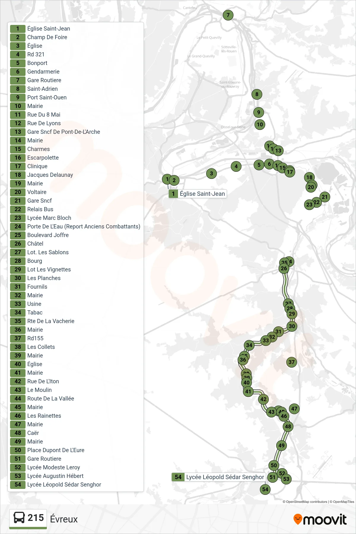 Tracé et arrêts de la ligne 215 de bus (Évreux) sur une carte