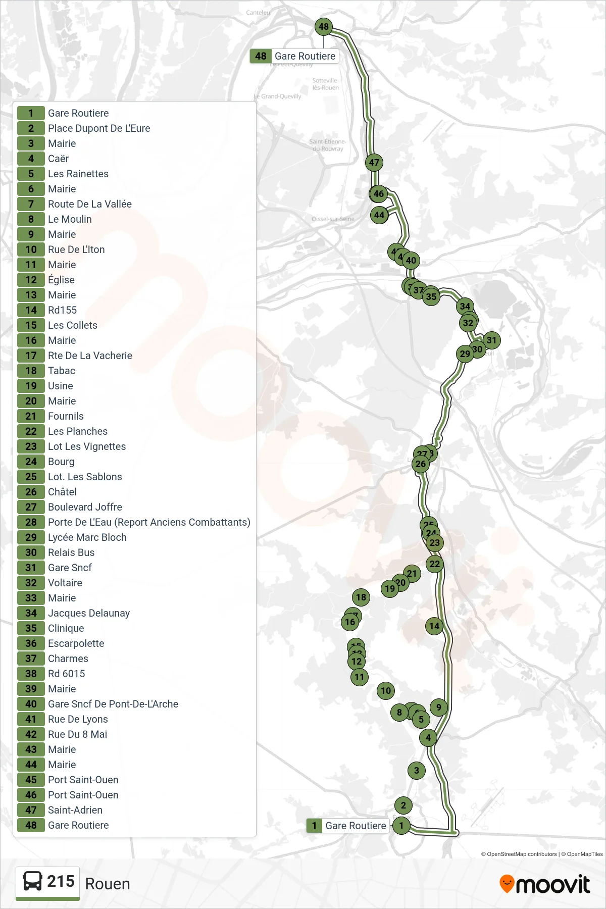 Tracé et arrêts de la ligne 215 de bus (Rouen) sur une carte