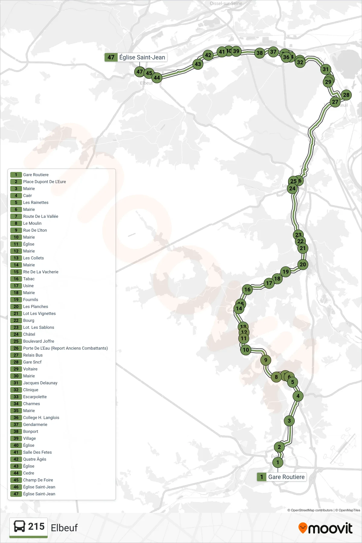 Recorrido y paradas de la línea 215 de autobús (Elbeuf) en el mapa