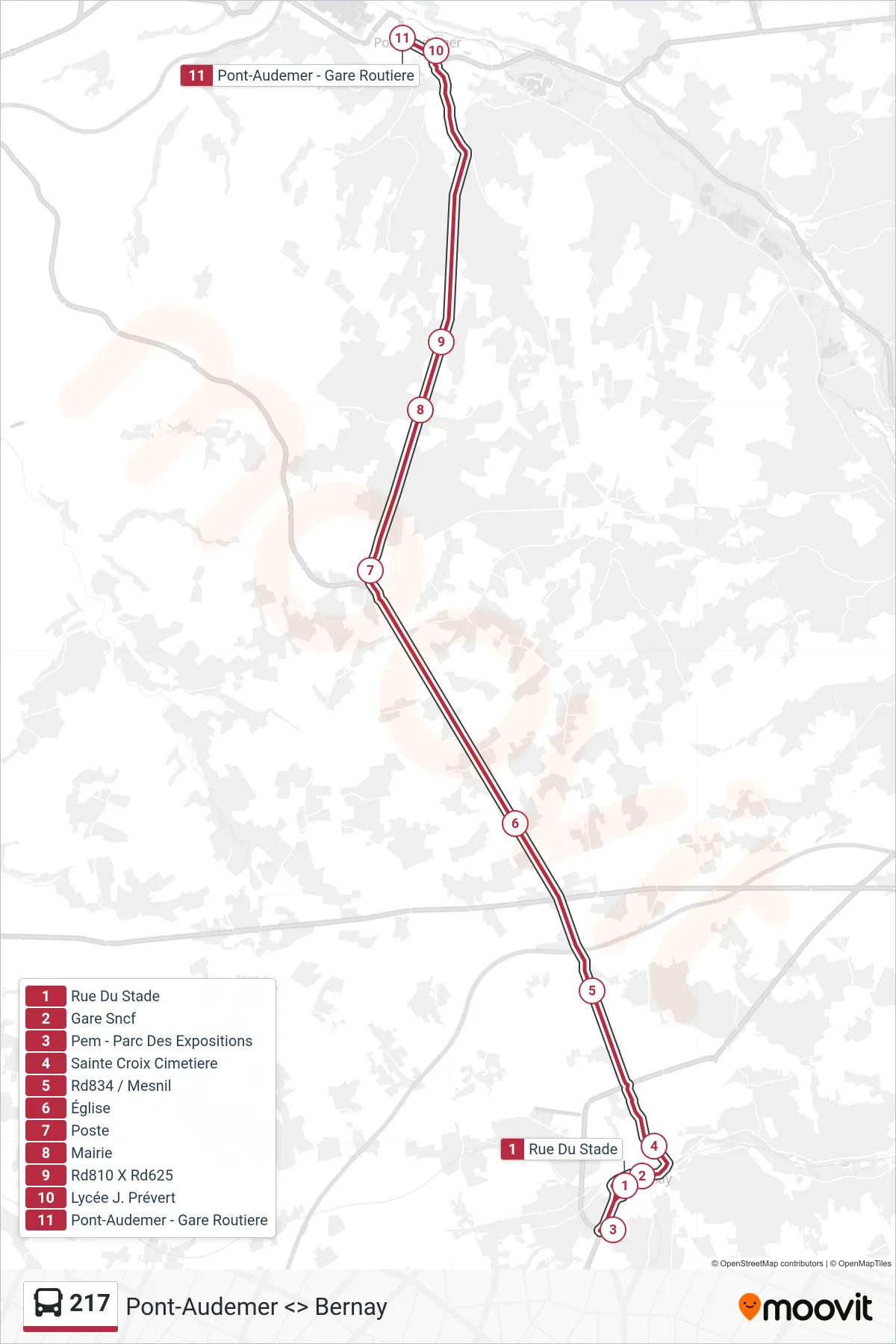 Tracé et arrêts de la ligne 217 de bus (Pont-Audemer) sur une carte
