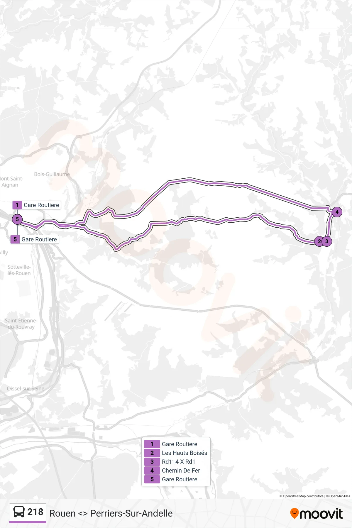 Tracé et arrêts de la ligne 218 de bus (Rouen) sur une carte